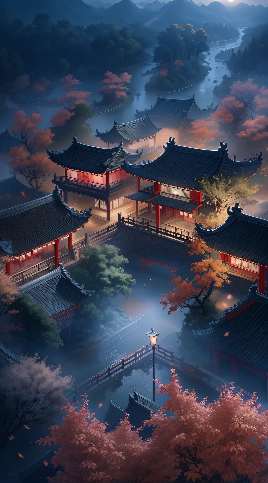 HD in a surreal CG rendering of ancient China,Jiangnan ancient buildings and ancient towns have Yaolin Wonderland。the night,The stars are bright,The smoke is fascinating,Maple and milk leaves are trees。snow landscape。k hd