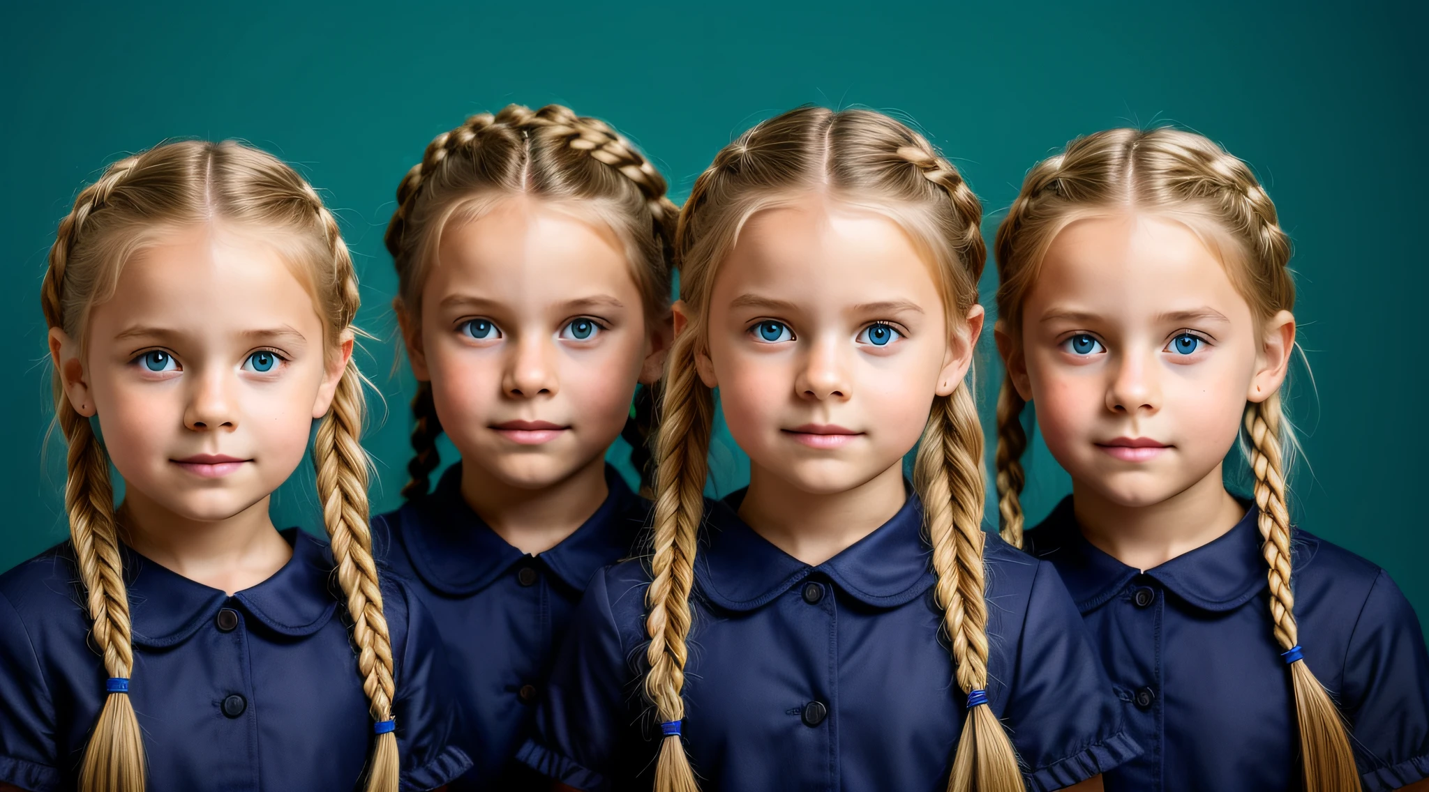 Three blonde girls children in braids holding torches in front of a blue background, 3 sisters look into the mirror, color studio portrait, s jovens, in a row, simetria!! retrato, childrens, profissionalmente retocado, beautiful highly symmetric faces, childrens, Directed by: Jan Rustem, pintado digitalmente, identical picture, symmetrical centered portrait, twins, photo illustration, Clones