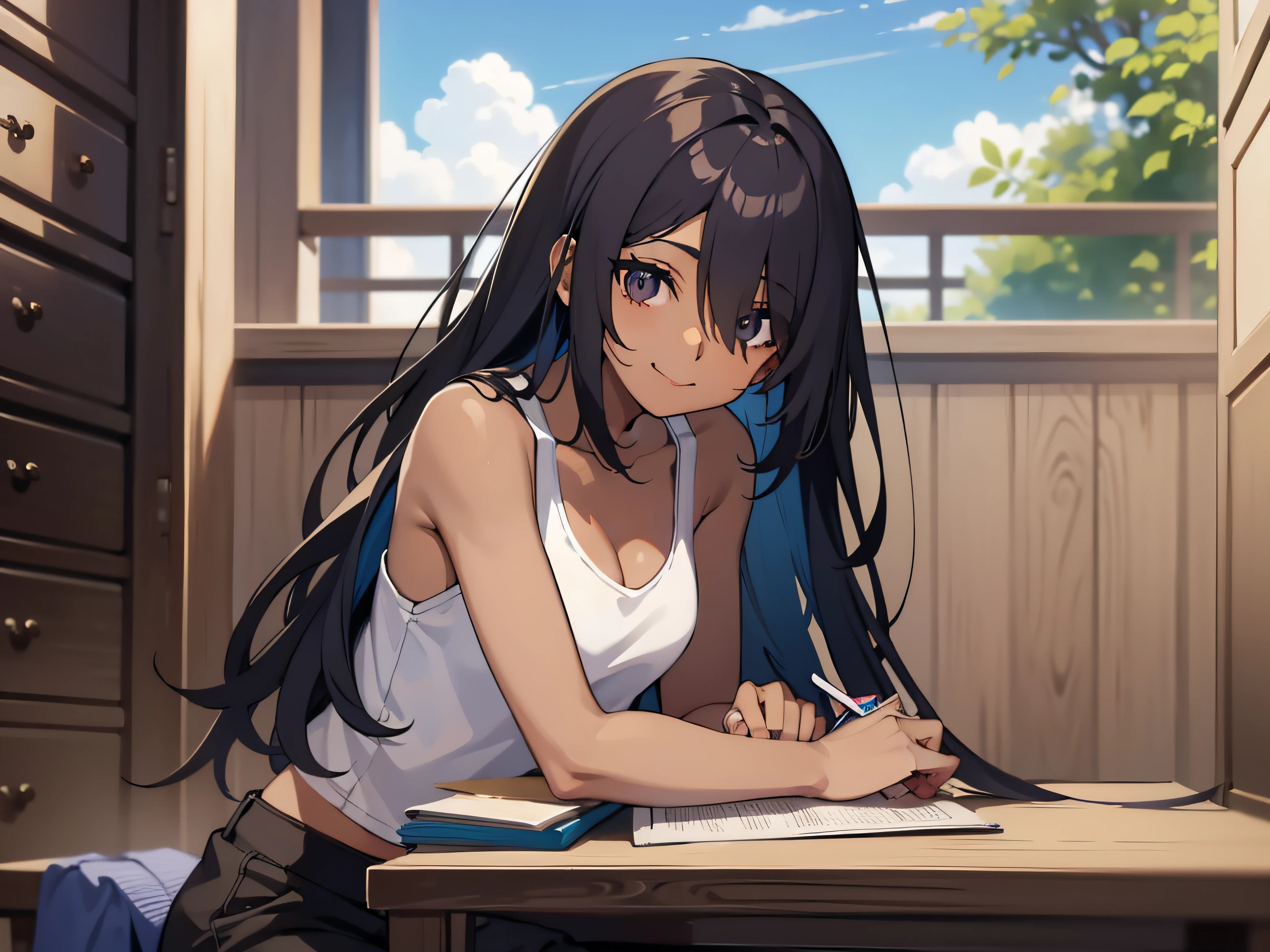 A smile、anime screen cap、（darkskinned）、Hair over one eye:1.5、asymmetrical bangs、Very long hair、A dark-haired、Tank Tops、shortpants、sitting on