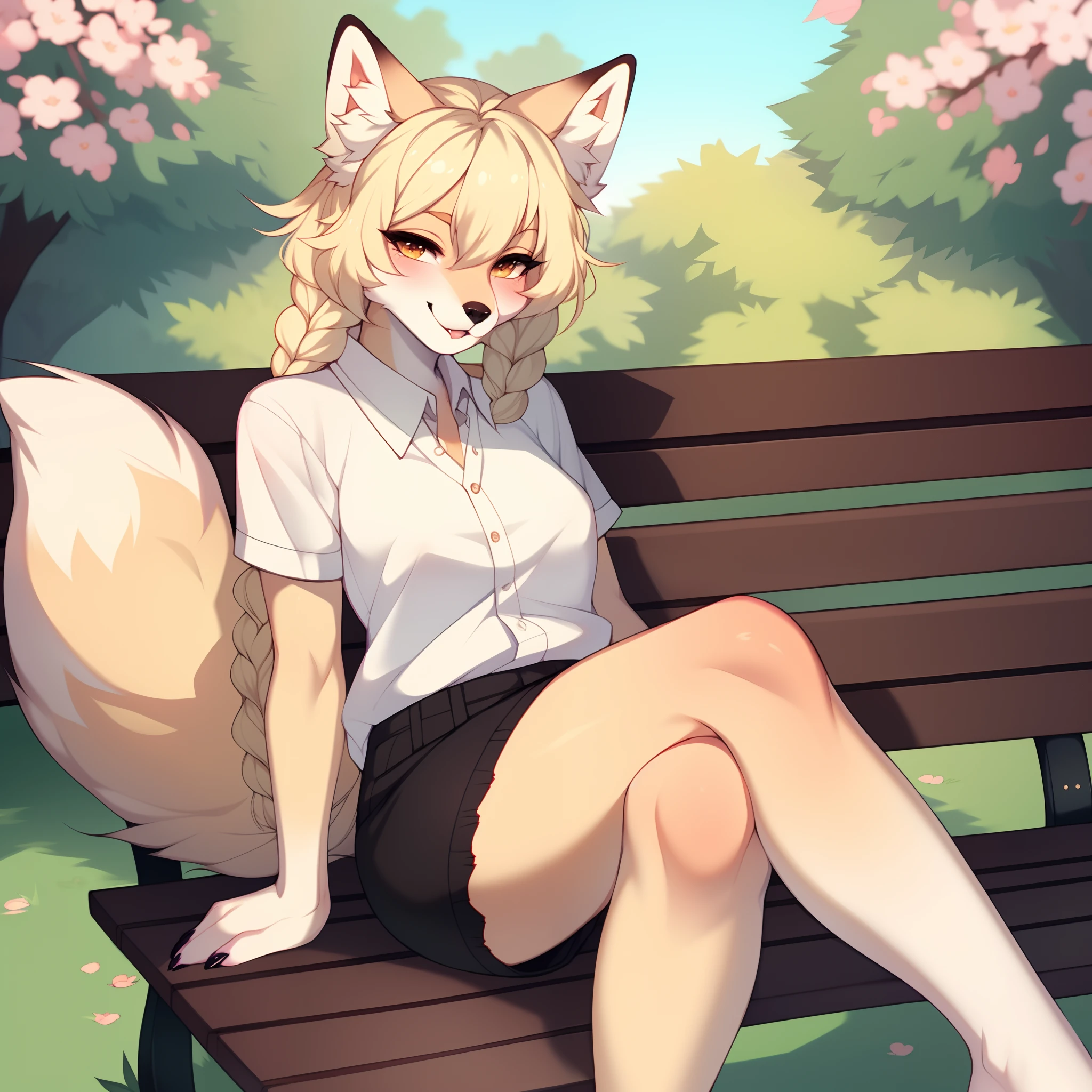 (By hyattlen, by fumiko, by claweddrip):1.1 solo, (tan fox girl), female, fluffy tan ears, black_fox_ear_tips:1.1, (tan_body:1.1), black nose, cute snout, fluffy blonde tail, white tail tip, blonde french braided hair, wearing white frilly shirt, black shorts, black Sandles, paws, 4 toes, sitting on a bench, in a park full of lotus blossom trees, smiling warmly, thick large fangs
