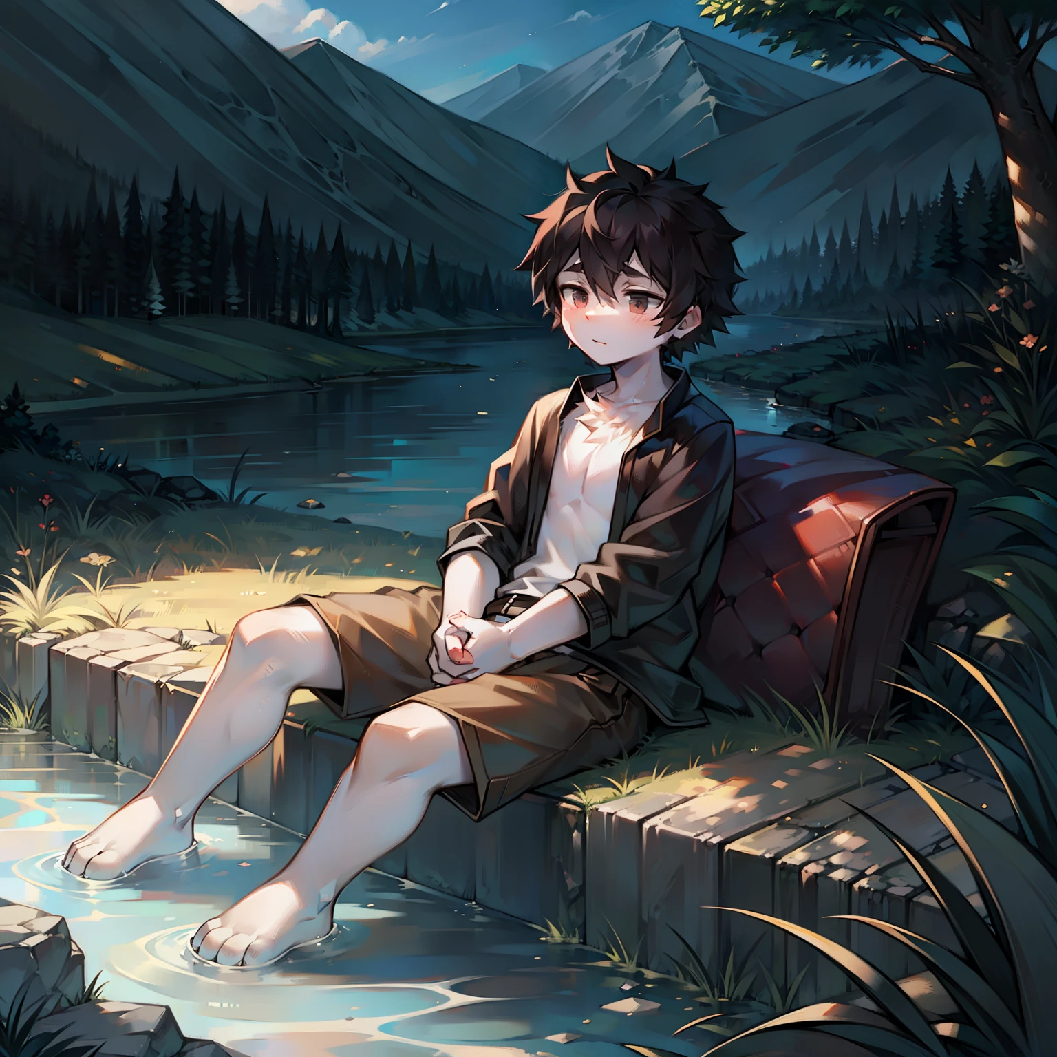 A gentle boy who loves the world Living in the countryside Sitting on the bank looking at the river A dark-haired