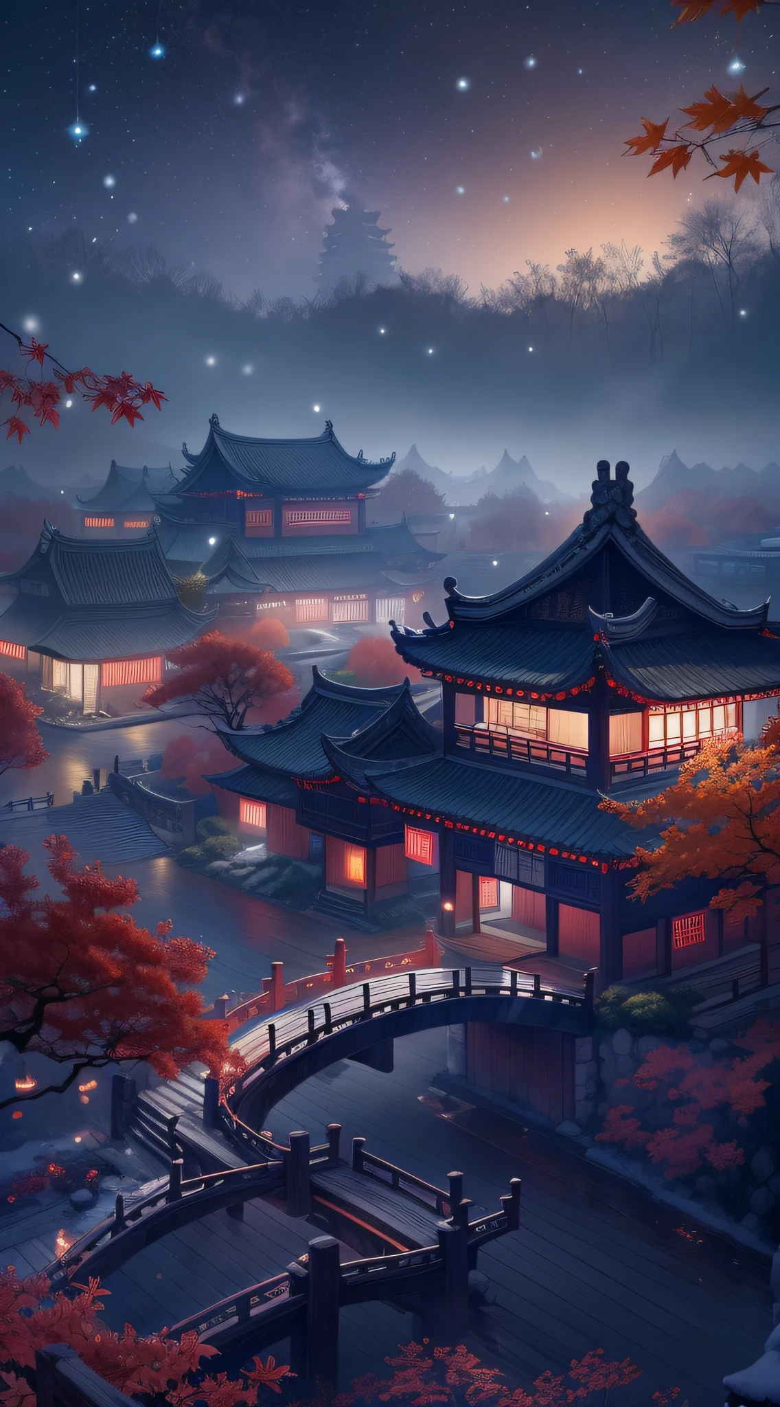 In a surreal CG rendering of ancient China，Jiangnan ancient buildings and ancient towns have Yaolin Wonderland。the night，The stars are bright，The smoke is fascinating，Maple and milk leaves are trees。snow landscape。k hd