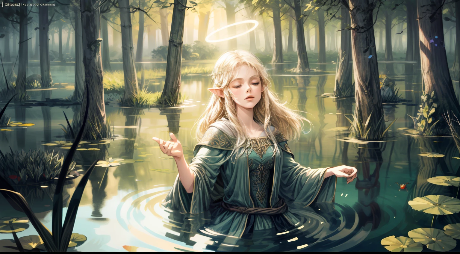 high detail, illustration, poster, movie poster, galadriel from lord of the rings in a shiny semitransparent lace dress, half submerged in a pond, all kinds of insects surrounding her, she sings with her eyes closed, the forest of middle earth is around her, she lingers on the side, her presence emits an aura of a glowing halo