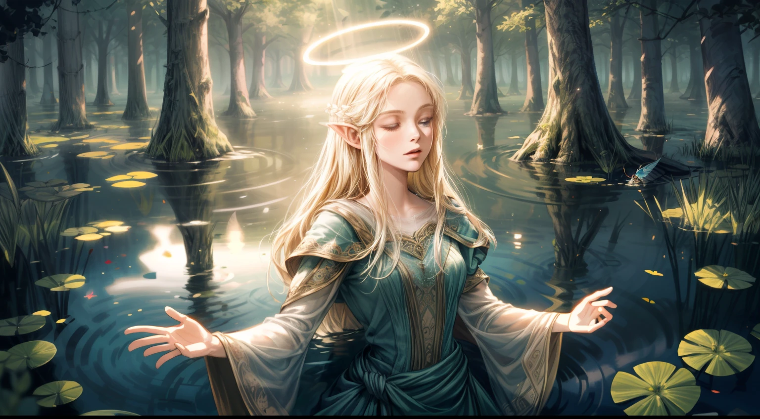 high detail, illustration, poster, movie poster, galadriel from lord of the rings in a shiny semitransparent lace dress, half submerged in a pond, all kinds of insects surrounding her, she sings with her eyes closed, the forest of middle earth is around her, she lingers on the side, her presence emits an aura of a glowing halo