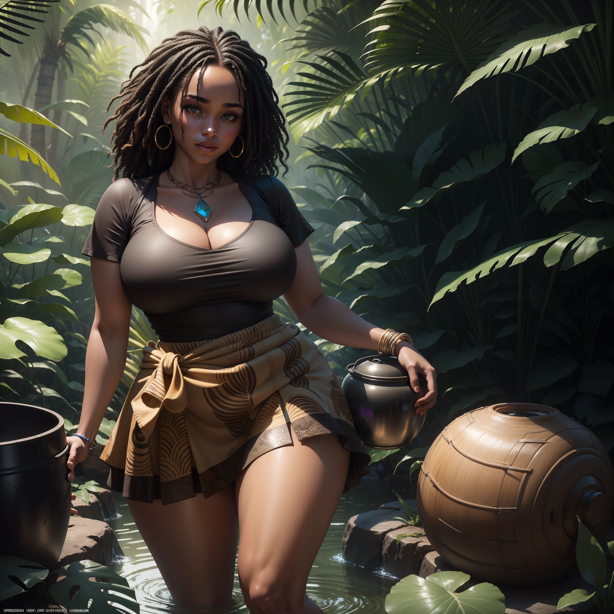 Beautiful black curvy girl dressed in African designed skirt carrying a pot full of water in the jungle, with iridescent light, highly detailed images, vibrant beautiful colours, photorealistic image, 8k, ultra HD, unreal engine rendered, cinematic lighting, artgerm style,