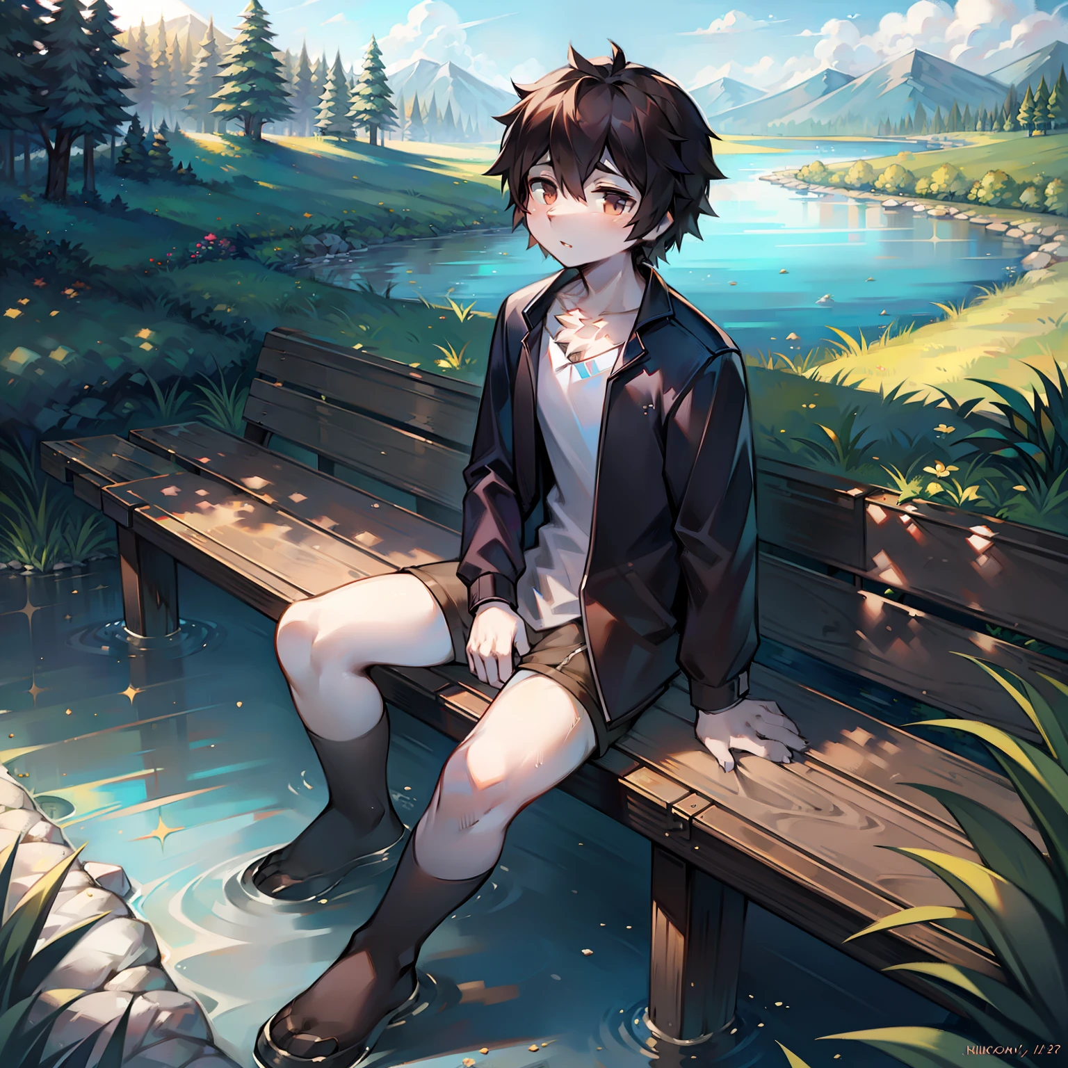 A gentle boy who loves the world　Living in the countryside　Sitting on the bank looking at the river　A dark-haired