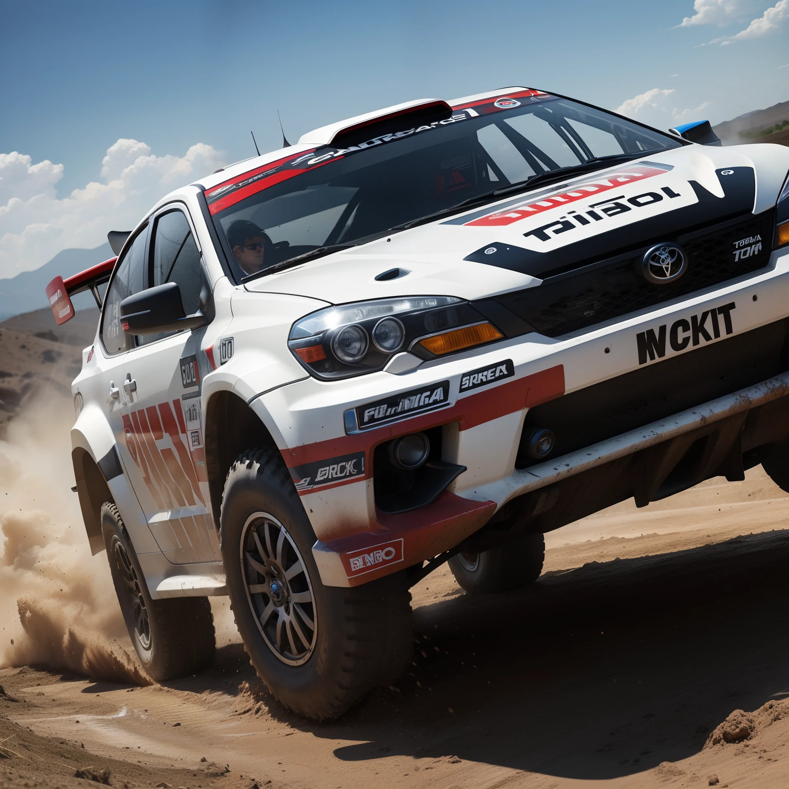 "Toyota Rally configuration, Intense action, adrenalinefilled, Mud splashes, High-speed stimulation, Rally cars fly in the dirt, Powerful engine roar, Precise operation, Dynamic angles, dust cloud, Sharp, A race against time."