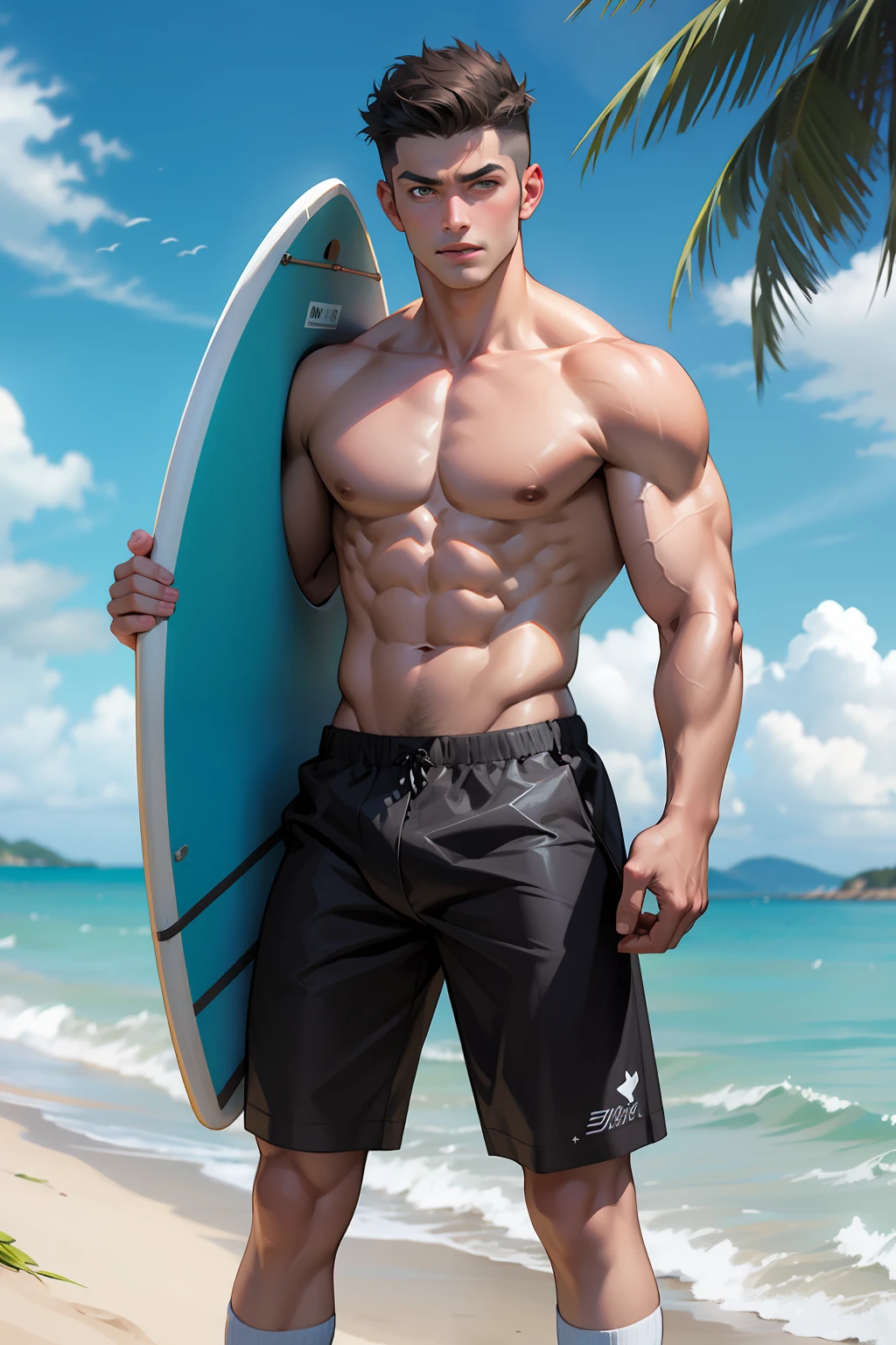 Masterpiece, Best quality, face, Natural eyes, 1人, Solo, , White socks, full bodyesbian, large bulge, Long legs, view the viewer, Brave, musculous,Raised sexy,mature, short detailed hair, Red eyes, Topless, Shirtless, Open chest, Eight-pack abs, Sexy,(Masterpiece, Best quality), 1人, musculous, short detailed hair, with brown eye, 复杂, (dress room), full bodyesbian, vivd colour,(depth of fields:1.2),(Abs),looking at viewert,Surf in the ocean with a surfboard,malefocus,Bulging crotch,Crotch bulge,Briefs,Muscle men,Thriller blockbusters,UHD resolution,Top quality,