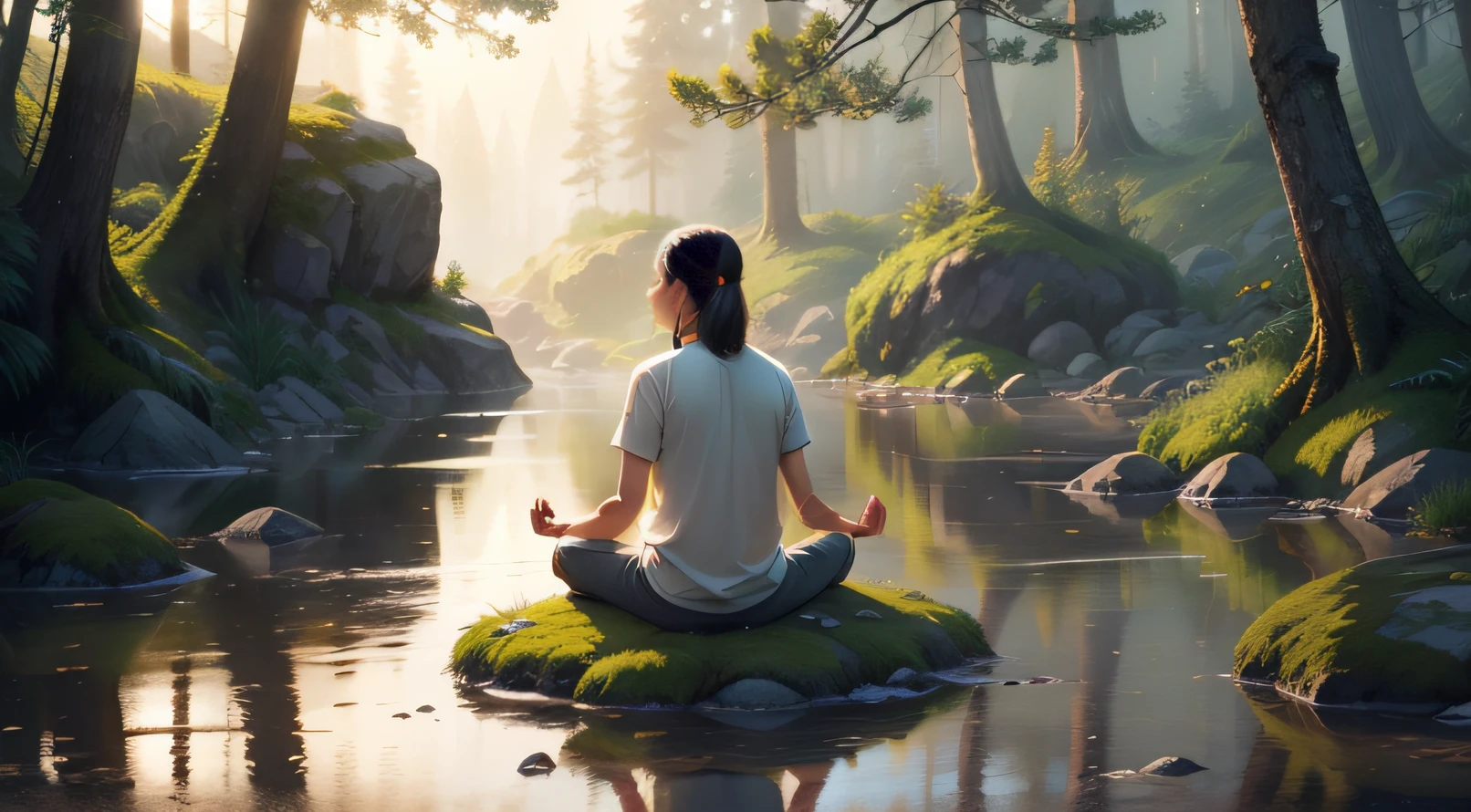 A serene and inviting scene featuring a person meditating in a peaceful natural setting