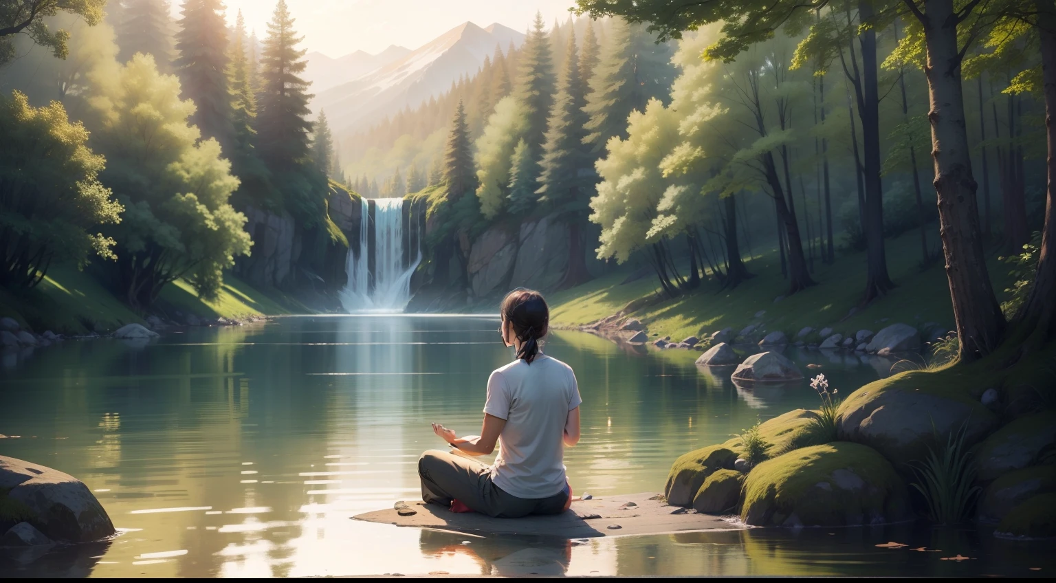 A serene and inviting scene featuring a person meditating in a peaceful natural setting