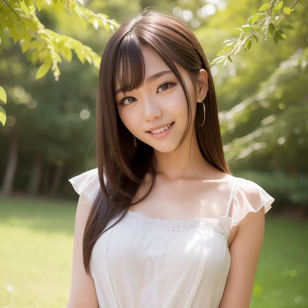 ​masterpiece、top-quality、独奏、1 persons、8K Wallpapers、the Extremely Detailed CG Unity 8K Wallpapers、ulzzang-6500、(Original: 1.2)、(realisitic: 1.4)、ultra-detailliert、hight resolution、ultra-detailliert,magnifica, finely detail, Natural light, (1girl in:1.4 ), (Brownish|A dark-haired:1.4), length hair, (real looking skin:1.2), (light brown-skinned:1.2), Beautiful Girl Beautiful Details、extremely detailed eye and face、Eyes with beautiful details、ultra detailed and beautiful、Cheerful smile、(Smiling smile:1.4)、Black eyes、sano、selfy、White Dress、Skinny Legs、(breastsout:1.2)、blurry backround、In nature、