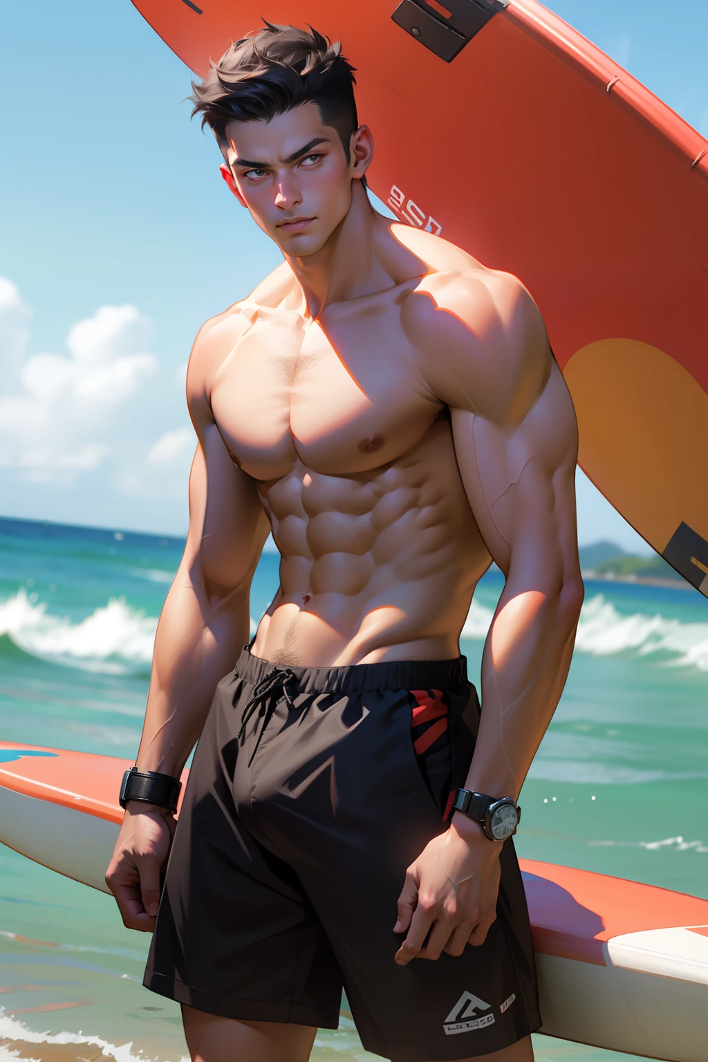 Masterpiece, Best quality, face, Natural eyes, 1人, Solo, , White socks, full bodyesbian, large bulge, Long legs, view the viewer, Brave, musculous,Raised sexy,mature, short detailed hair, Red eyes, Topless, Shirtless, Open chest, Eight-pack abs, Sexy,(Masterpiece, Best quality), 1人, musculous, short detailed hair, with brown eye, 复杂, (dress room), full bodyesbian, vivd colour,(depth of fields:1.2),(Abs),looking at viewert,Surf in the ocean with a surfboard,malefocus,Bulging crotch,Crotch bulge,Briefs,Muscle men,Thriller blockbusters,UHD resolution,Top quality,