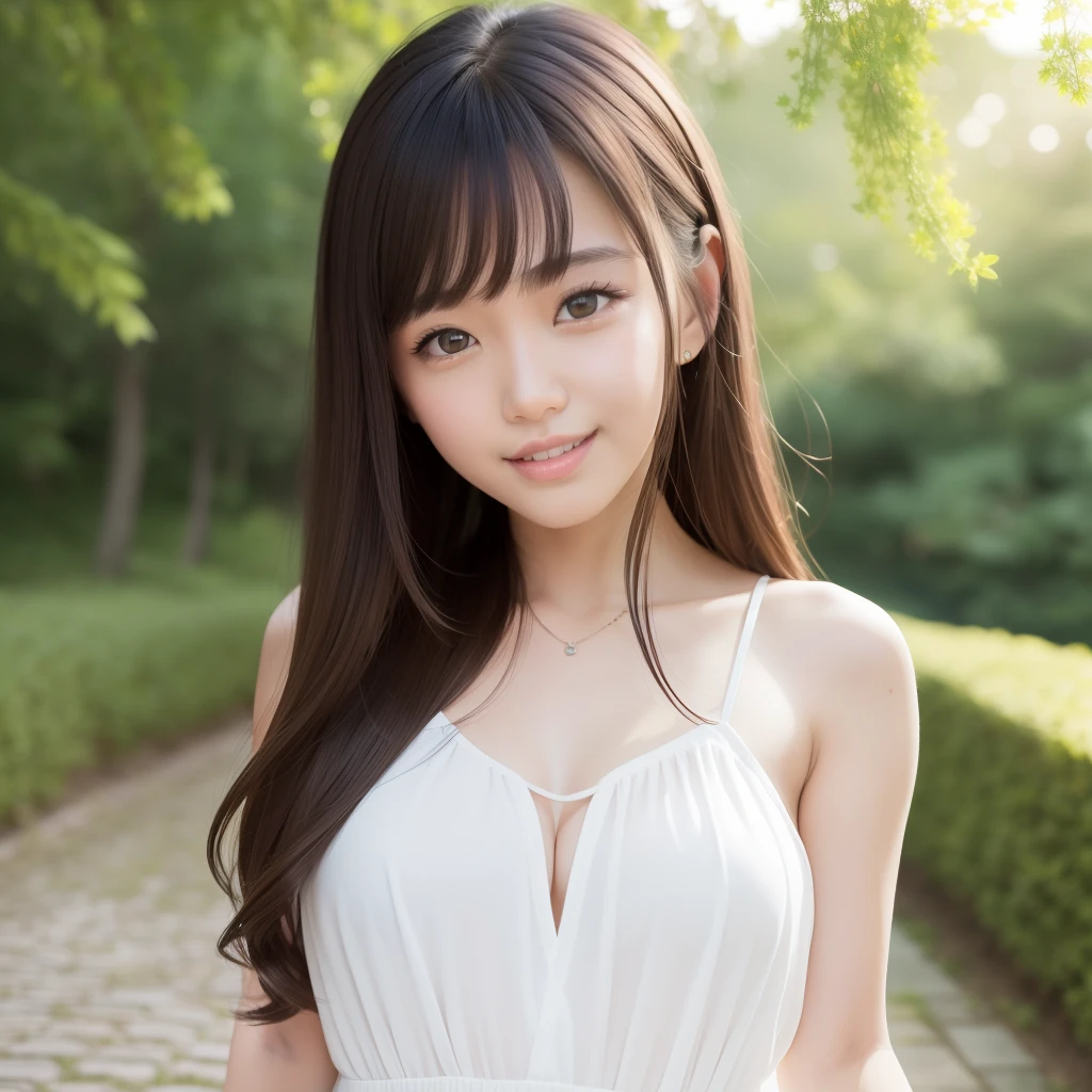 ​masterpiece、top-quality、独奏、1 persons、8K Wallpapers、the Extremely Detailed CG Unity 8K Wallpapers、ulzzang-6500、(Original: 1.2)、(realisitic: 1.4)、ultra-detailliert、hight resolution、ultra-detailliert,magnifica, finely detail, Natural light, (1girl in:1.4 ), (Brownish|A dark-haired:1.4), length hair, (real looking skin:1.2), (light brown-skinned:1.2), Beautiful Girl Beautiful Details、extremely detailed eye and face、Eyes with beautiful details、ultra detailed and beautiful、Cheerful smile、(Smiling smile:1.4)、Black eyes、sano、selfy、White Dress、Skinny Legs、(breastsout:1.2)、blurry backround、In nature、