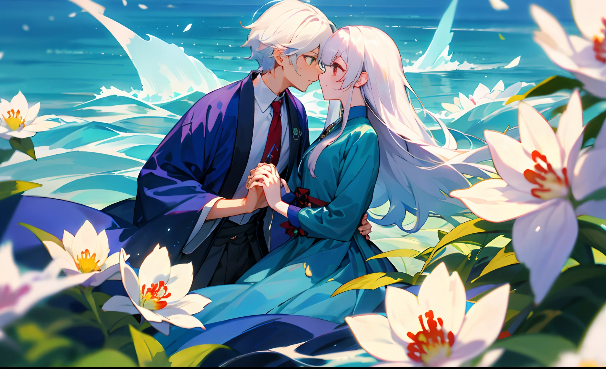 夏天,A splendid sea of flowers,There are few green clothes with white hair in the sea of flowers;The teenager proposes to a teenager in blue clothes and white hair