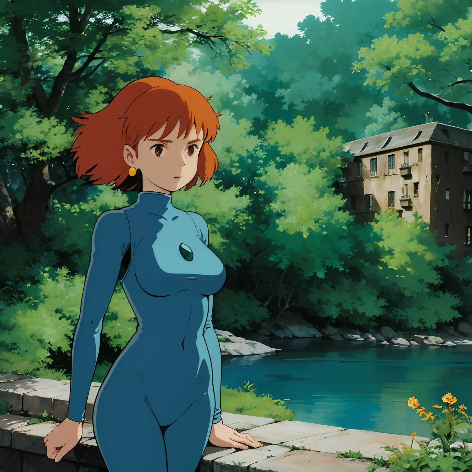 ghibuli style, Nausicaa.(Nausicaa), 1girl in, armlet, 30-years old、A smile、bangss, orange color hair, Nausicaä's costume,huge-breasted, Take off your white underwear、masturbation:1.5、insertion:1.5, show off nipple:1.5, fullnude、Dark pubic hair、opens legs、Opening legs、Open Majora、耳Nipple Ring, Floating hair, the woods, Brown-eyed, jewely, Look at viewers, Medium chest, Sea of decay in collapsing buildings, outside of house, partedbangs, The shirt, Medium Hair, 独奏, The tree, The upper part of the body, Blue shirt, steampunc, ((masterpiece)),