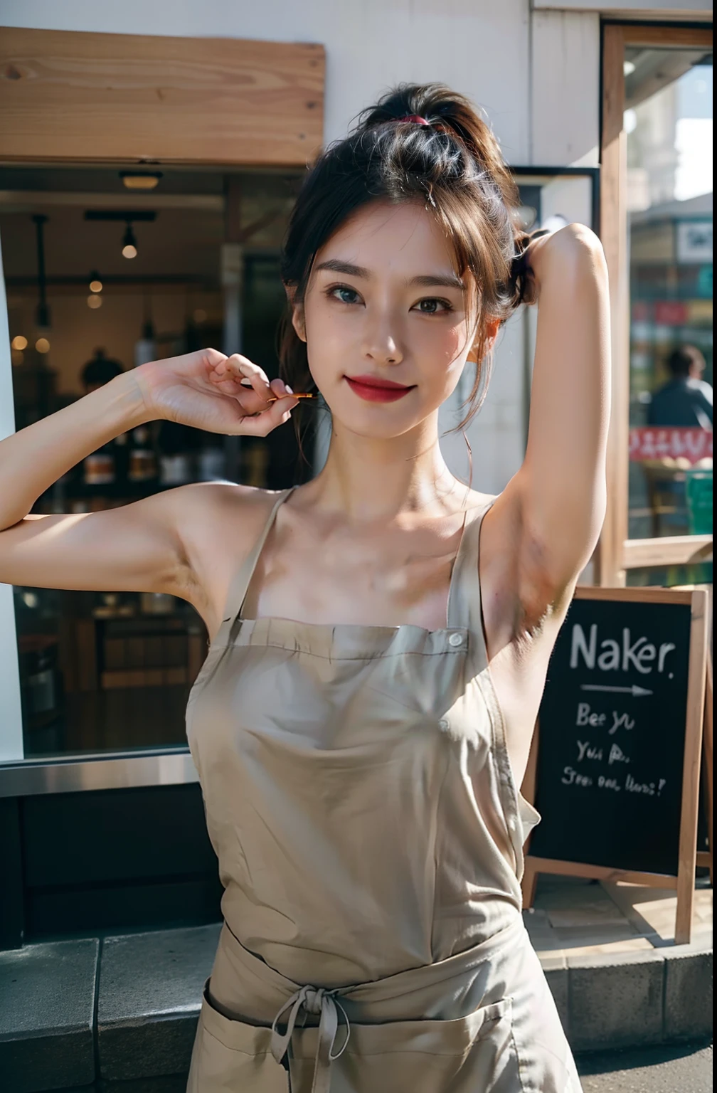 ((Girl with an armpit odor、Armpit、NAKED Apron、Photograph the whole body、Show the armpits of both hands、I'm wearing only an apron、No apron!、Sweaty glowing skin、Detailed armpit wrinkles、Girl with an armpit odor、sixteen years old、Naked in an apron、Armpit odor、gazing at viewer、A slight smil))、(A hyper-realistic), (illustratio), (high-detail), (8K), (high-detail), (The best illustrations), (beatiful detailed eyes), (top-quality), (ultra-detailliert), (Master masterpiece), (wall-paper), (详细的脸),full of sweat,Upper Body Up,hairarmpits,high-ponytail Hairstyle、red lipsticks、,No apron outside the store、、one girls, ((Stand outside the café shop、Outside the store、naked in front of the store))、japanes,