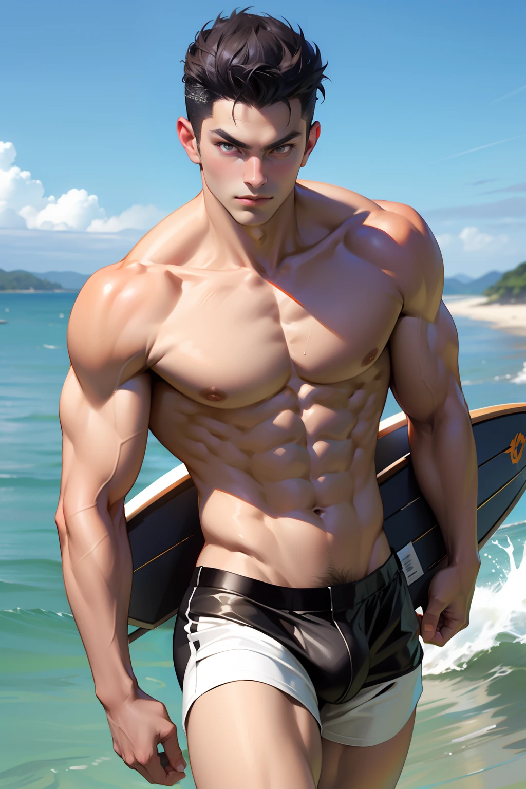 Masterpiece, Best quality, face, Natural eyes, 1人, Solo, , White socks, full bodyesbian, large bulge, Long legs, view the viewer, Brave, musculous,Raised sexy,mature, short detailed hair, Red eyes, Topless, Shirtless, Open chest, Eight-pack abs, Sexy,(Masterpiece, Best quality), 1人, musculous, short detailed hair, with brown eye, 复杂, (dress room), full bodyesbian, vivd colour,(depth of fields:1.2),(Abs),looking at viewert,Surf in the ocean with a surfboard,malefocus,Bulging crotch,Crotch bulge,Briefs,Muscle men,Thriller blockbusters,UHD resolution,Top quality,