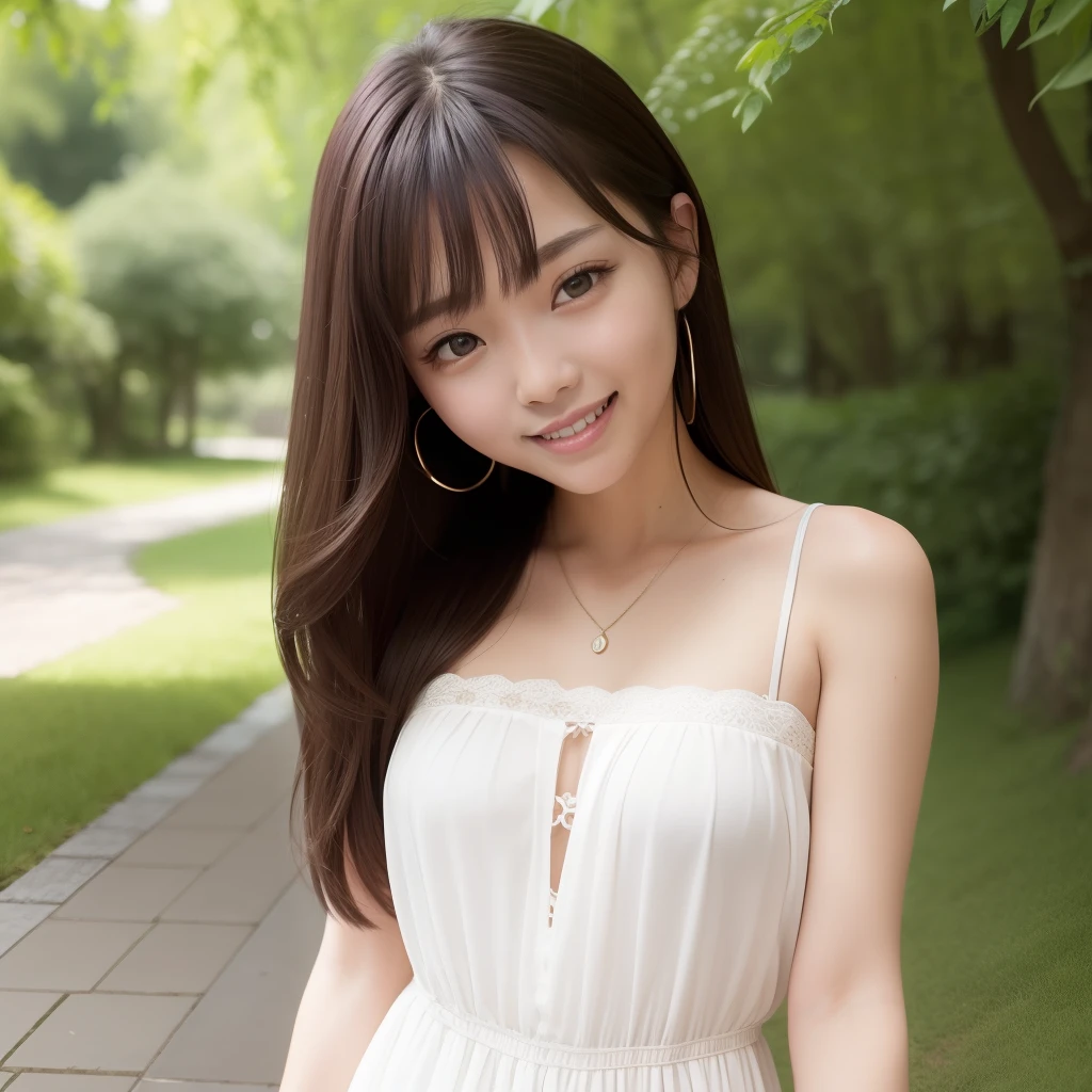 (Best Quality, Hyper Real, Ultra HD), blonde, sexy pose, college girl wearing a stylish lace dress, Nogizaka 46, cleavage, slender, shiny, glossy skin, beauty, beautiful eyes, smile expression, best skin type, background in front of the fountain in the park