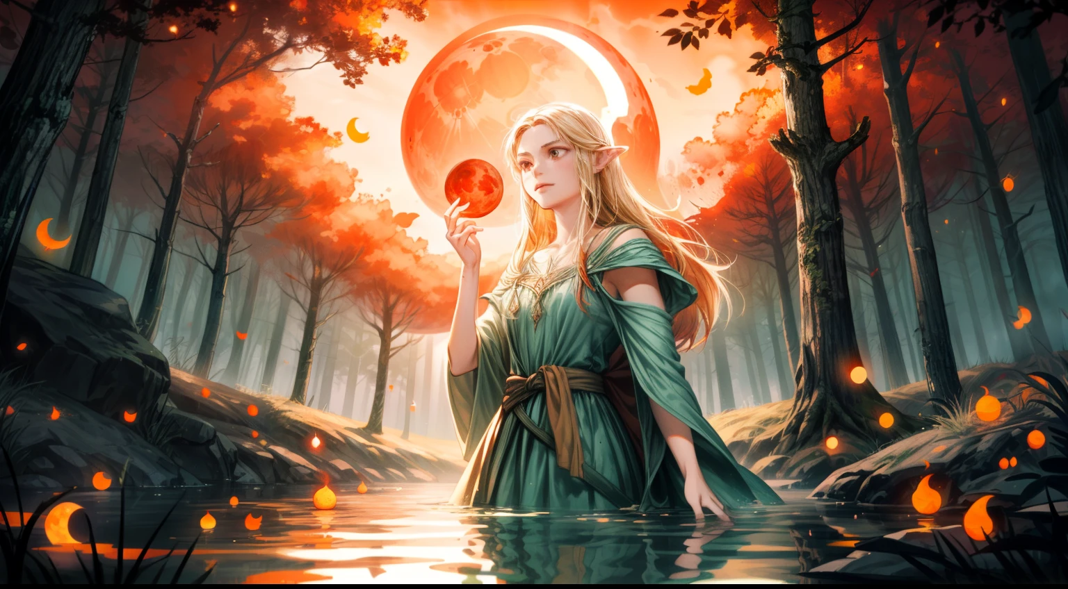 high detail, illustration, poster, movie poster, galadriel from lord of the rings in a white shiny semitransparent lace dress, half submerged in a pond, all kinds of insects surrounding her, she sings with her eyes closed, the forest of middle earth is around her, she lingers on the side, her presence emits an aura of a glowing halo, it is night and the sky is barely seen because of the tree tops hiding it, however a few lightbeams get through the leaves, it is the light of the moon, but it is a blood moon, so everything glows in red and orange and fireflies contribute to the lighting spectacle