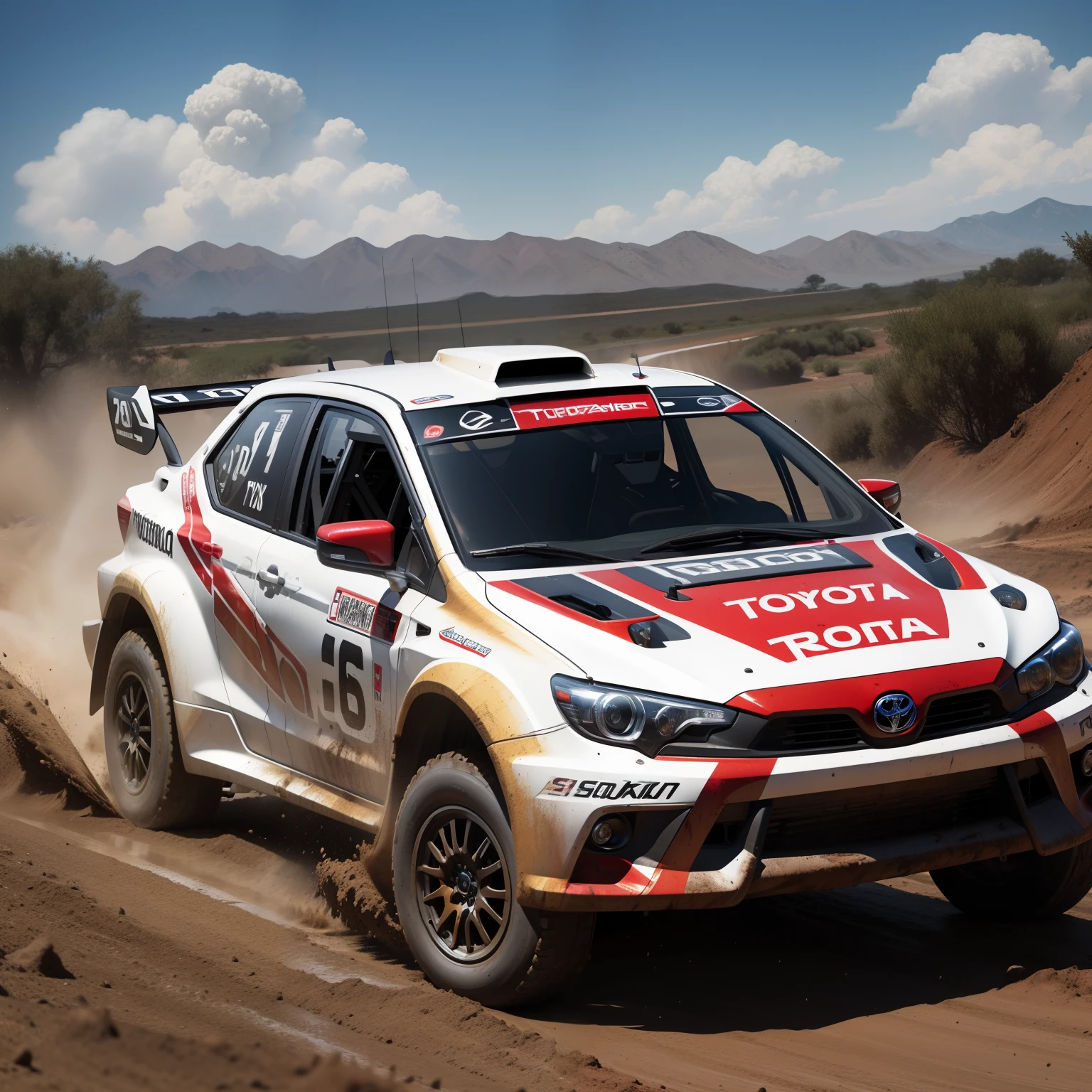 "Toyota Rally configuration, Intense action, adrenalinefilled, Mud splashes, High-speed stimulation, Rally cars fly in the dirt, Powerful engine roar, Precise operation, Dynamic angles, dust cloud, Sharp, A race against time."