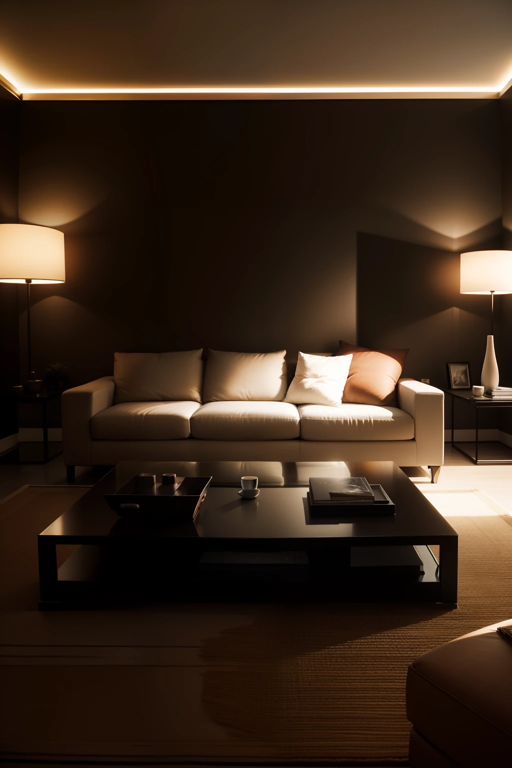 arafed living room with a couch, coffee table, and television, taken with a Sony A7R camera, LED color mood lighting, Dark environment, Silent lighting, Color illumination from the top, dark ambiance, room lighting, dark and beige atmosphere, warm lighting interior, gentle ambient lighting, Dramatic ambient lighting, Interior lighting, elegant minimalism