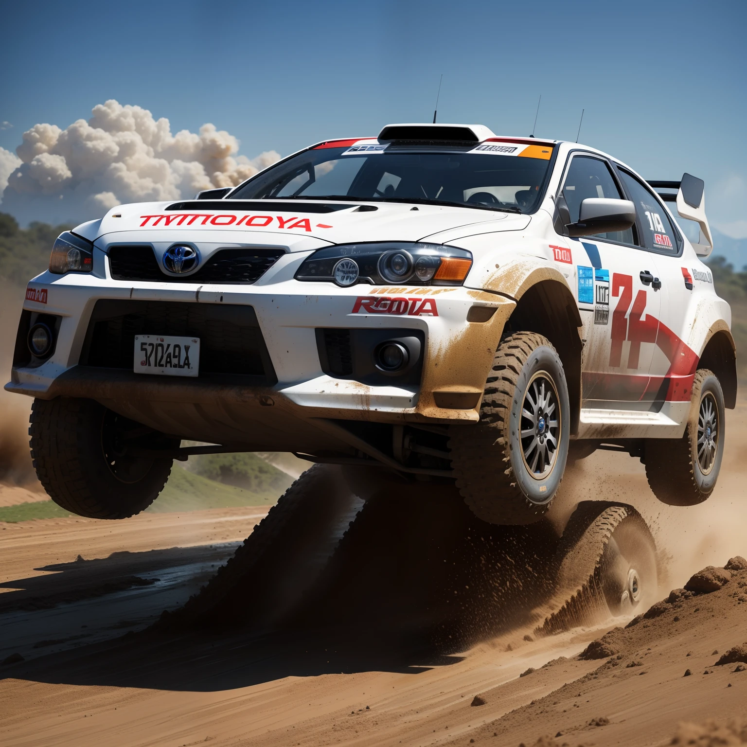 "Toyota Rally configuration, Intense action, adrenalinefilled, Mud splashes, High-speed stimulation, Rally cars fly in the dirt, Powerful engine roar, Precise operation, Dynamic angles, dust cloud, Sharp, A race against time."