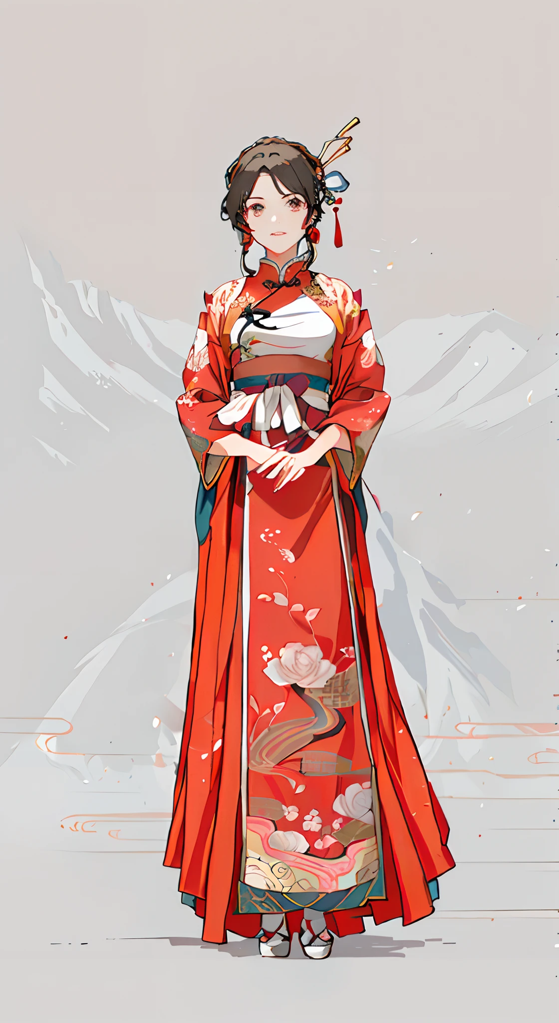 A girl in Hanfu，Beautiful character painting，pale and coloured kimono，Hanfu，A beautiful artwork illustration，Wearing ancient Chinese clothes，anime full body illustration，The face of the anime。