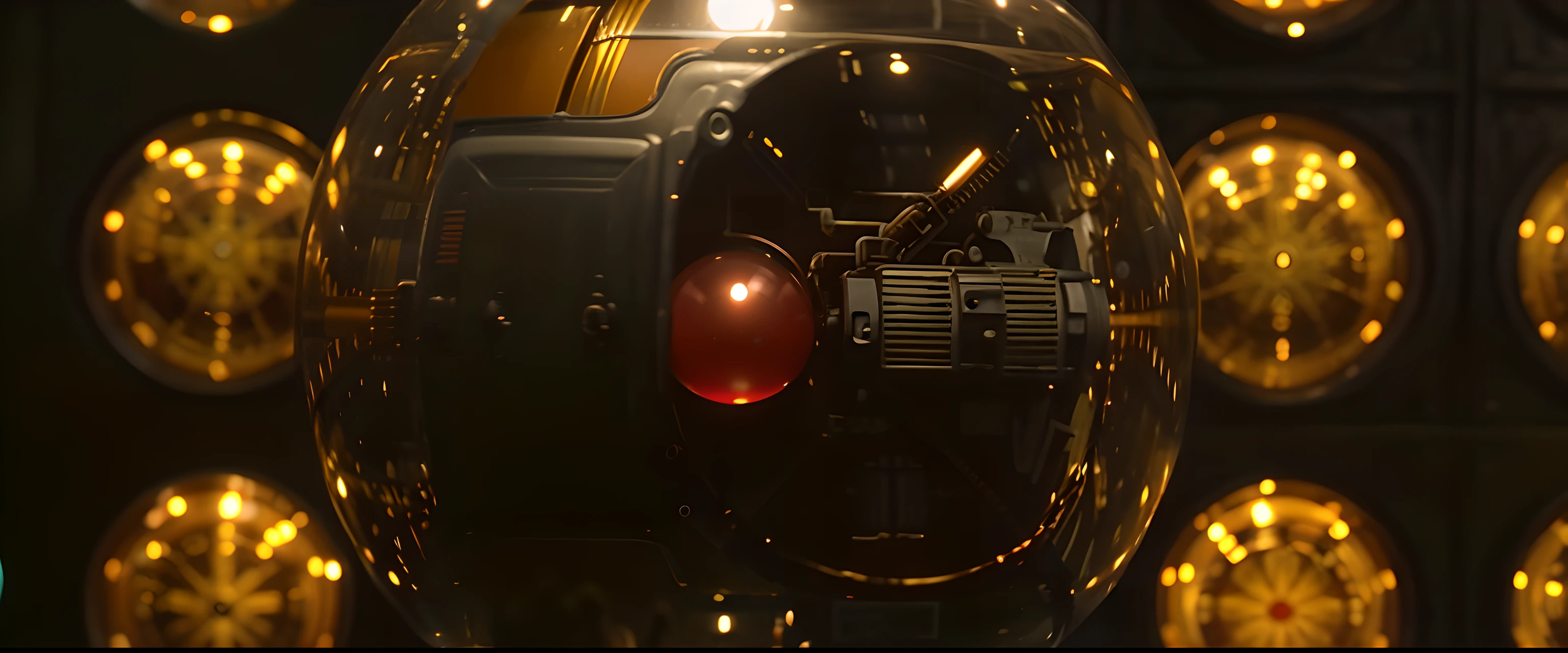 There is a glass vase with a red ball in it, No estilo Roger Deakins, Roger Deakins Cinematografia, Cinematografia 2008, Cinematografia 2009, captura de tela do filme, Cinematography Roger Deakins, dentro da esfera de vidro, De Blade Runner |(1982), Cinematografia 2003, blade runner lighting, cinematic close shot, captura de tela do filme. Simule inteligencia artificial com base na imagem