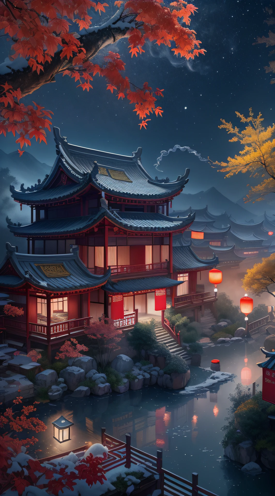 In a surreal CG rendering of ancient China,Jiangnan ancient buildings and ancient towns have Yaolin Wonderland。the night,The stars are bright,The smoke is fascinating,Maple and milk leaves are trees。snow landscape。k hd