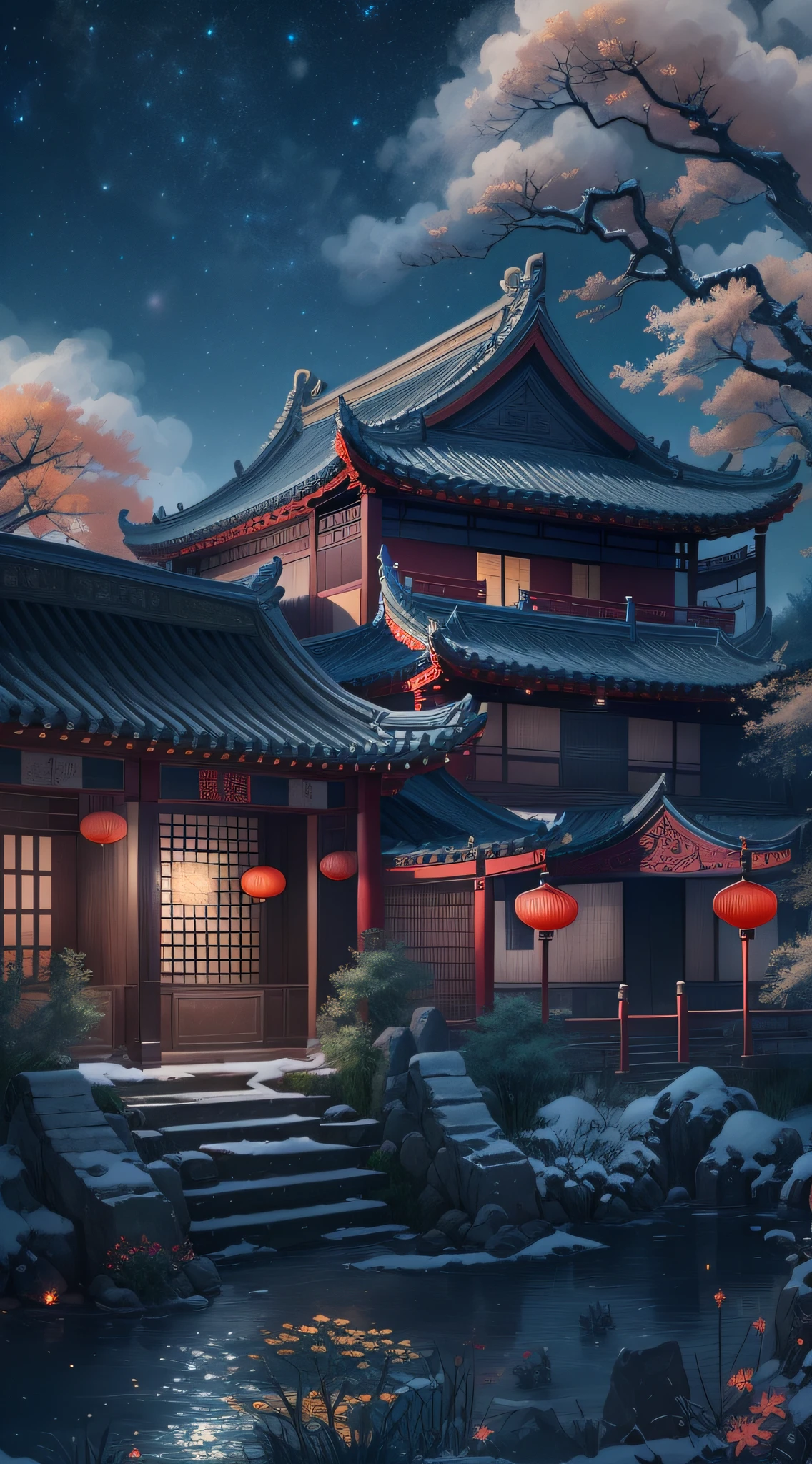 In a surreal CG rendering of ancient China,Jiangnan ancient buildings and ancient towns have Yaolin Wonderland。the night,The stars are bright,The smoke is fascinating,Maple and milk leaves are trees。snow landscape。k hd