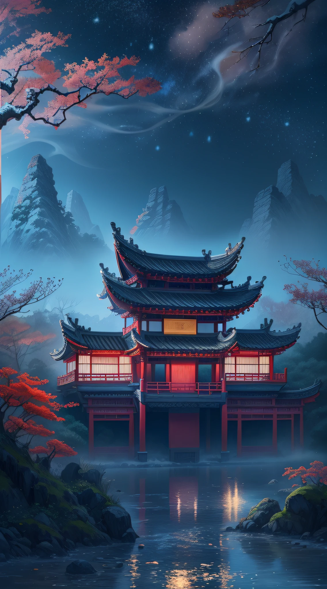 In a surreal CG rendering of ancient China，Jiangnan ancient buildings and ancient towns have Yaolin Wonderland。the night，The stars are bright，The smoke is fascinating，Maple and milk leaves are trees。snow landscape。k hd
