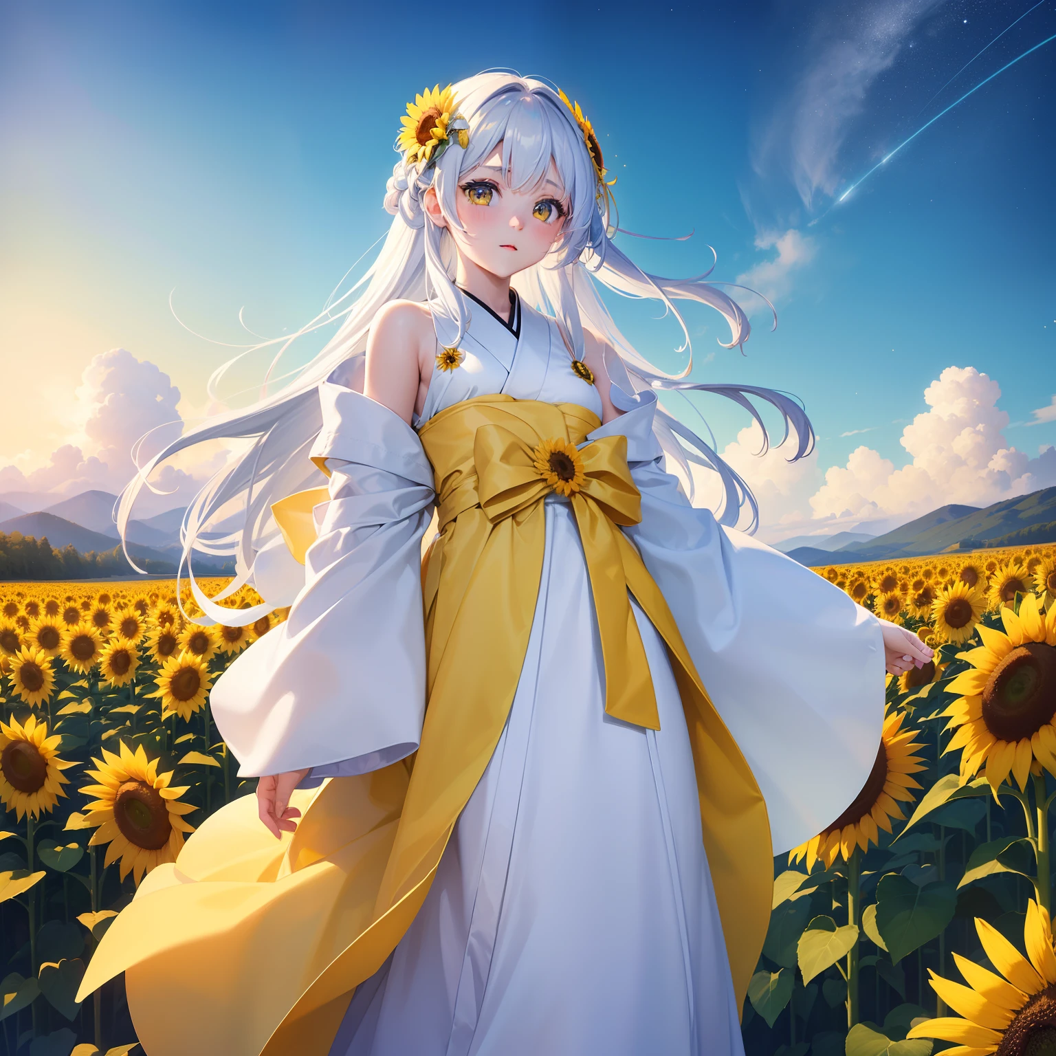 (Beautifully Aesthetic:1.2)、(1girl in:1.3)、(Colorful hair of white and yellow color:1.2)、Wearing a colorful yellow and white kimono、Sunflower、Standing in a snowy sunflower field、Under the cold sky、starrysky、Beautiful sky、Snow and sunflower flowers