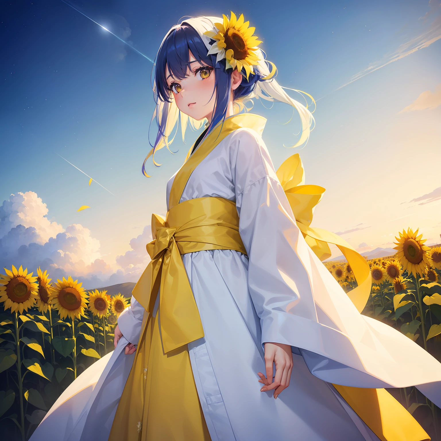 (Beautifully Aesthetic:1.2)、(1girl in:1.3)、(Colorful hair of white and yellow color:1.2)、Wearing a colorful yellow and white kimono、Sunflower、Standing in a snowy sunflower field、Under the cold sky、starrysky、Beautiful sky、Snow and sunflower flowers