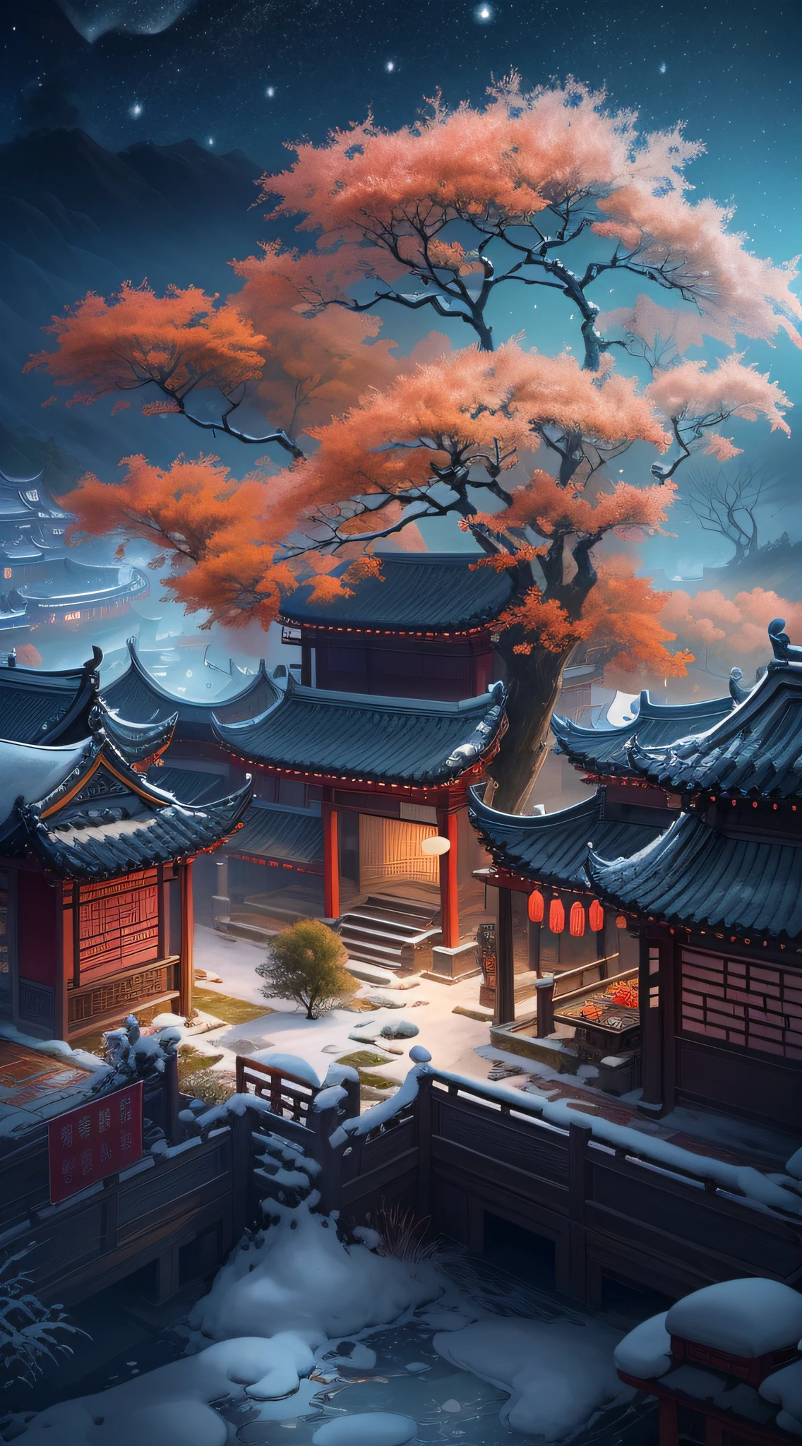 In a surreal CG rendering of ancient China,Jiangnan ancient buildings and ancient towns have Yaolin Wonderland。the night,The stars are bright,The smoke is fascinating,Maple and milk leaves are trees。snow landscape。k hd
