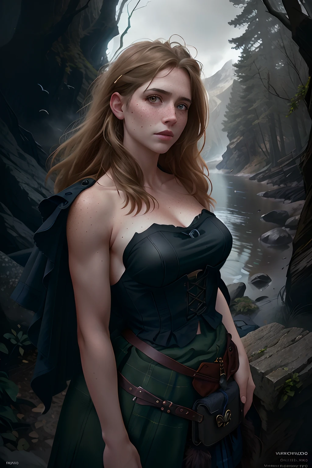 deep shadow, sinister, award winning photo, best quality, masterpiece, upper body, woman, freckled face, windblown blonde hair, emerald eyes, modern strapless dress by Jeremy Lipking, by Antonio J. Manzanedo, by lee jeffries nikon d850 film stock photograph 4 kodak portra 400 camera f1.6 lens rich colors hyper realistic lifelike texture dramatic lighting unreal engine trending on artstation cinestill 800, fisheye lens, Style-Kilt, windy beach, scottish loch, forest