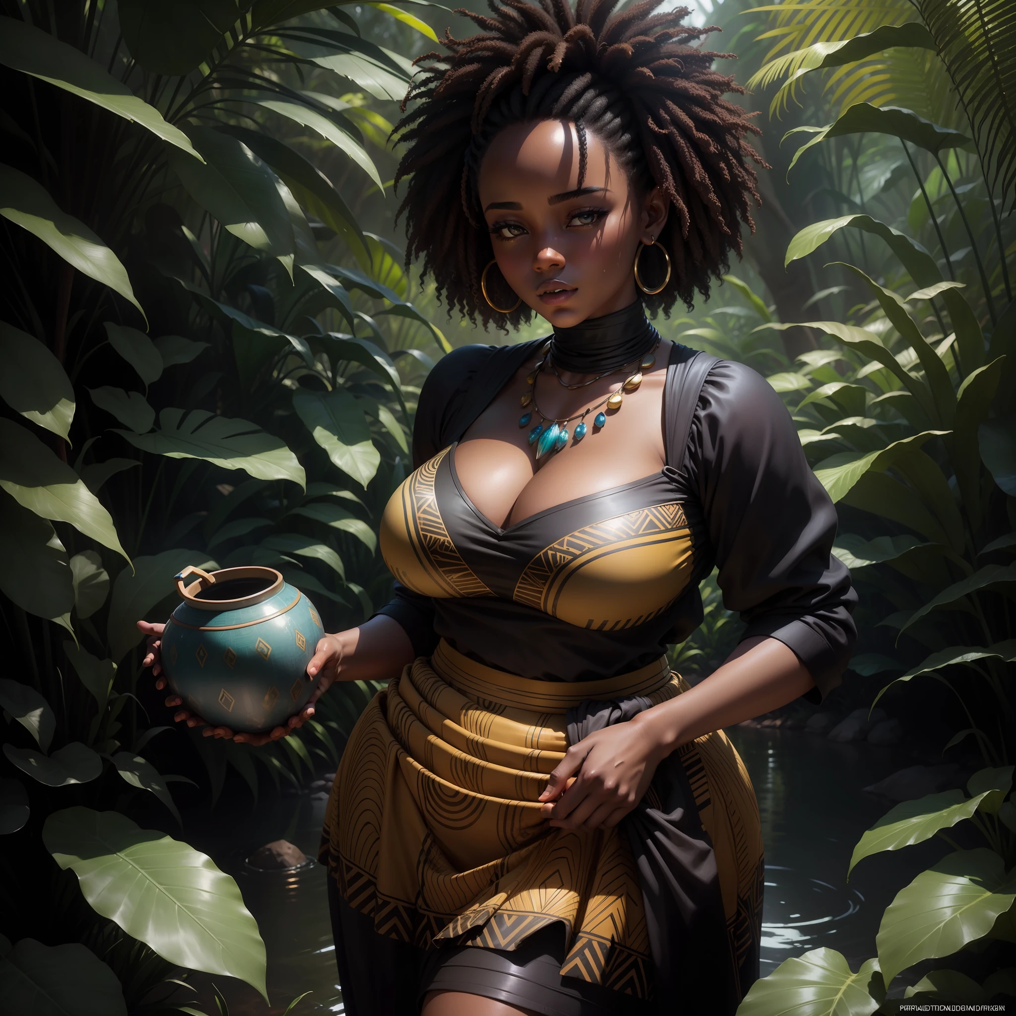 Beautiful black curvy girl dressed in african designed skirt carrying a pot full of water in the jungle, night time with iridescent light, highly detailed images, vibrant beautiful colours, photorealistic image, 8k, ultra HD, unreal engine rendered, cinematic lighting, artgerm style,