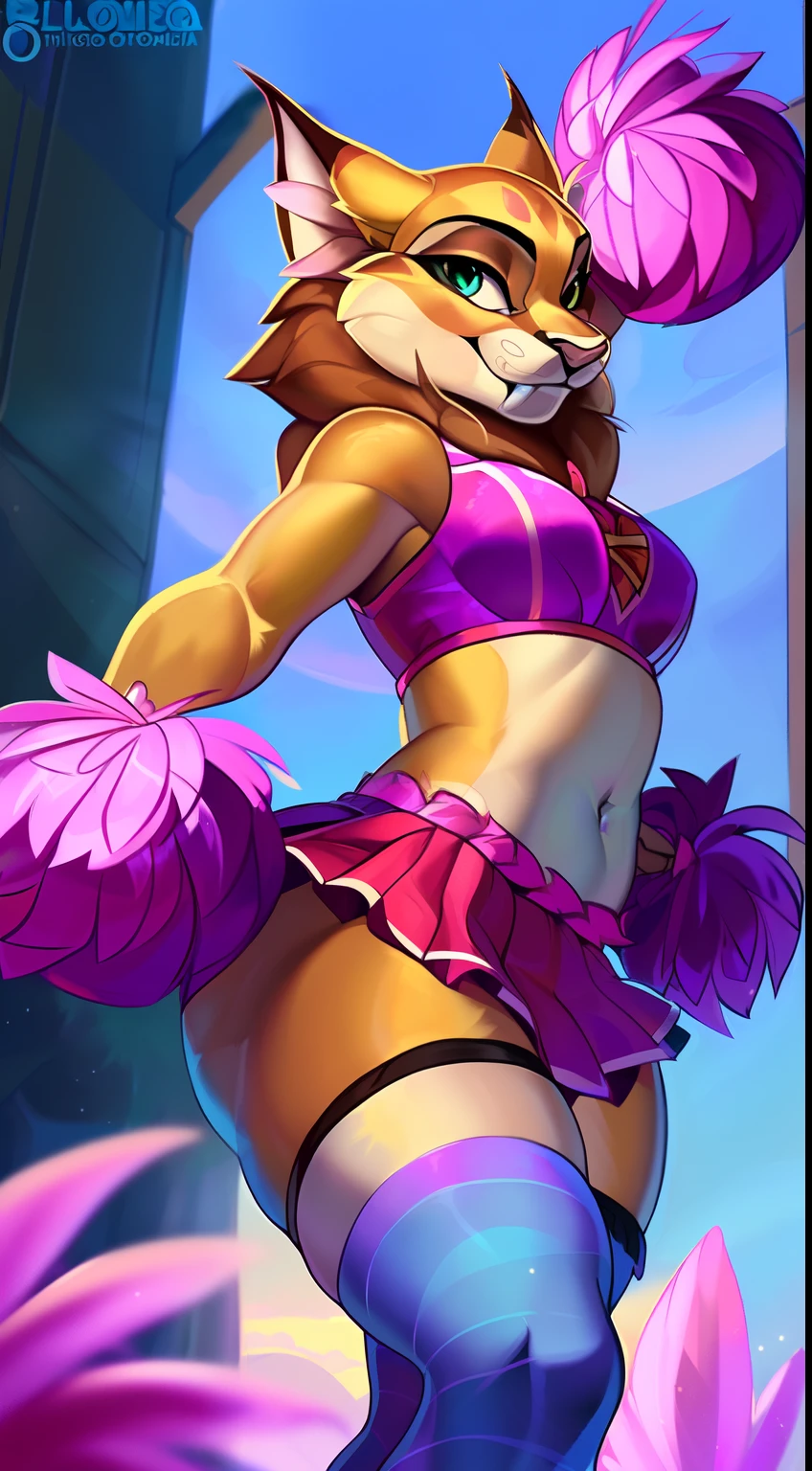 subido el e621, por Pixelsketcher, por Bayard Wu, por Thomas Benjamin Kennington , por Einshelm, (realista:1.2), Jade el lince, Linx, hembra, Anthro peludo, Orejas de gato, nariz rosada, (Detailed clear aquatic eyes:1.3), colmillos, beige brown hair, (Flecos largos:1.5), Cola de caballo, Cuerpo bronceado claro, Cara intrincadamente detallada, tuft of skin from the neck, (tomboy), (Correa de cuchillo para muslos:1.4), (Chibi:0.8), vida real, ((retrato)), De pie seductoramente, dynamic pose, (Cola corta de lince:1.4), (detailed lighting by Bonifasko), (pelaje esponjoso), (Piel detallada), (Piel detallada), dedo del pie de camello, (sonrisa afectada:1.1), cinematic lighting, ((Antecedentes detallados del bosque, cascada, Colinas, tree)), oasis, Hermoso lago, Vista gran angular, (sombra de medio cuerpo:1.3), [Contre-Jour], [[rayo crepuscular]], bare belly, belly discovered, navel, semi covered ass, [luz ambiental detallada], [gray natural lighting], [luz ambiental en el vientre], (Mayor detalle salvaje de la vida silvestre), Al aire libre, vista al mar y playa, [proporciones realistas], [foco nítido], (sombreado), ((obra maestra)), (((((wearing a sexy cheerleader uniform with pom poms and striped socks, very sexy cheerleader uniform with pom poms and striped socks, sexy cheerleader uniform with pom poms and striped socks, cheerleader uniform with pom poms and striped socks, sexy striped socks, extremely and intricately detailed femboy striped socks, extremely and very intricately detailed cheerleader uniform, extremely detailed pom poms, striped socks, two tone striped socks, pink and black socks))))), Rear view, Looking back at the viewer, ((showing her ass, spreading ass, grabbing ass, presenting hindquarters))