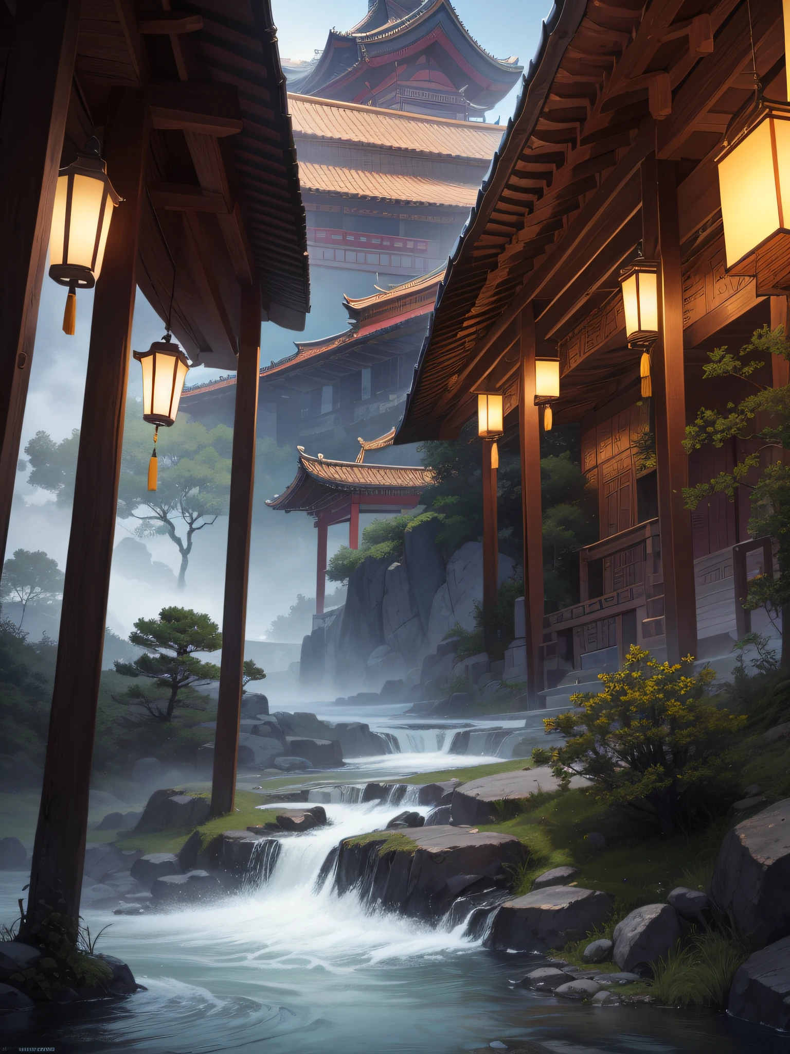 Extremely detailed CG}}, ((Masterpiece)), ((Best quality)), 32k ULTRAHD,Epic composition, Chinese ink painting with a papier-paper feel, Ancient Chinese architecture, Pavilions and buildings located on mountain cliffs, Misty clouds, Flowing water, pines, ln the forest, Create a grand and distant artistic conception,Cinematic lighting