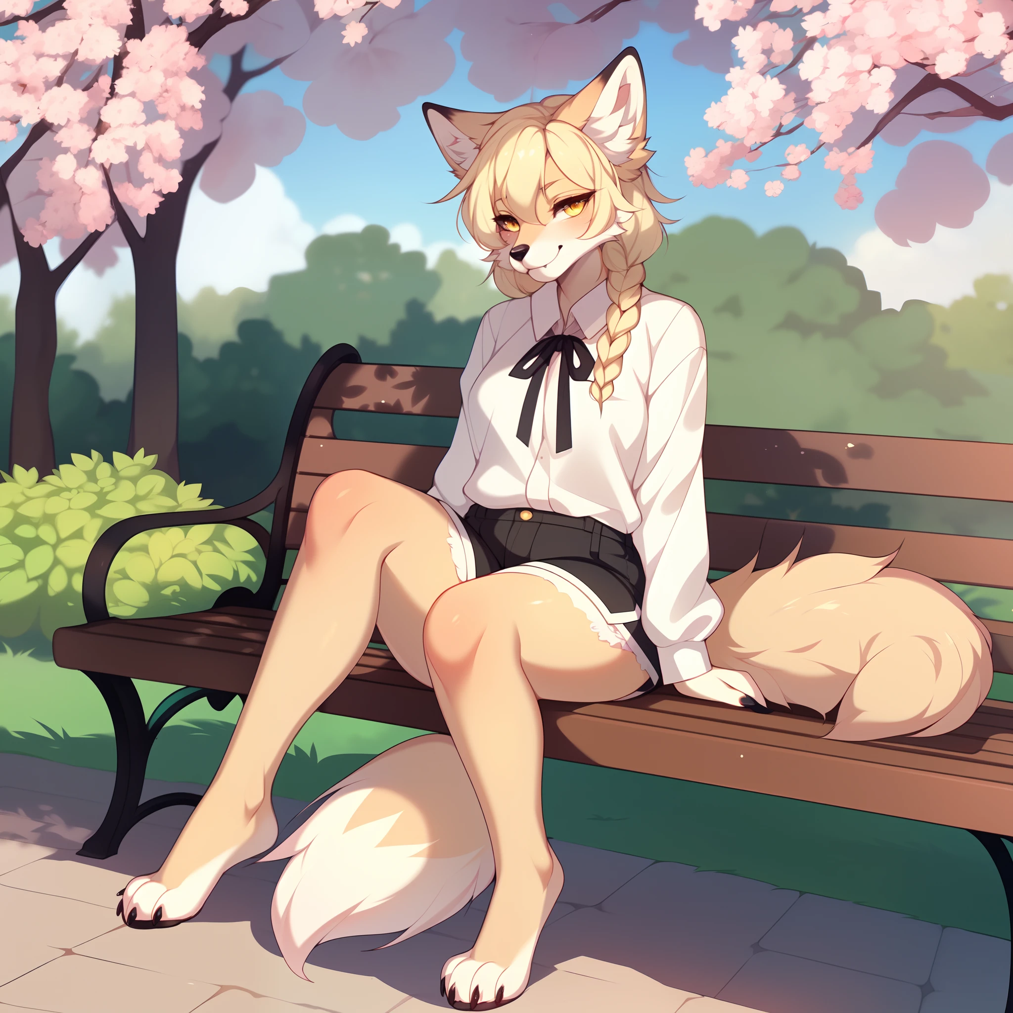 (By hyattlen, by fumiko, by claweddrip):1.1 solo, (cute tan fox girl), female, fluffy tan ears, black_fox_ear_tips:1.1, (tan_body:1.1), black nose, cute_snout:1.1, fluffy blonde tail, white tail tip, solid yellow eyes, detailed eyes, blonde french braided hair, wearing white frilly shirt, black shorts, black sandles, paws, 4 toes, sitting on a bench, in a park full of lotus blossom trees, smiling warmly, thick large fangs visible, mouth closed,