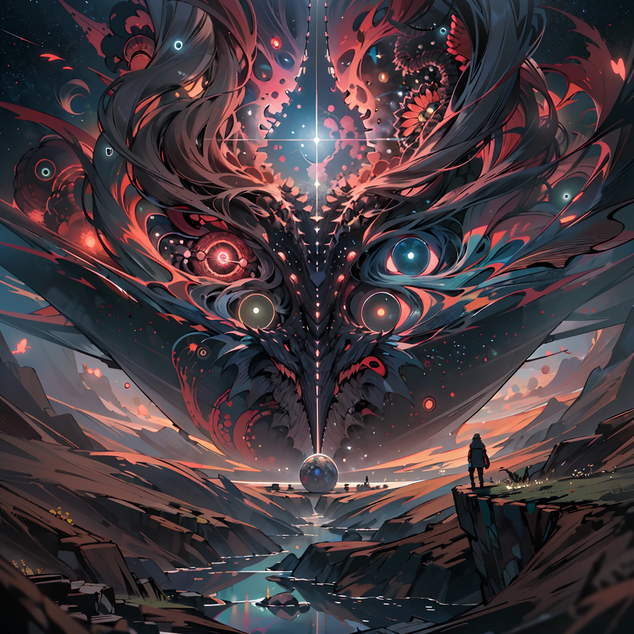 Monstruo humanoide gigante mirando hacia abjao en un paisaje de otro mundo,alien,alienigena,Gigante echo de fractales, Fractal infinito,fractal de Mandelbrot, divino, Figura imponente humanoide, masivo,escala masiba, mirando hacia abajo, de pie, inmenso, apocalyptic, colorido, iridiscente, obra maestra, 4k-resolution, detalles intrincados, dios,divino,ente superios echo de fractales,figuara imposible,geometria unica,
