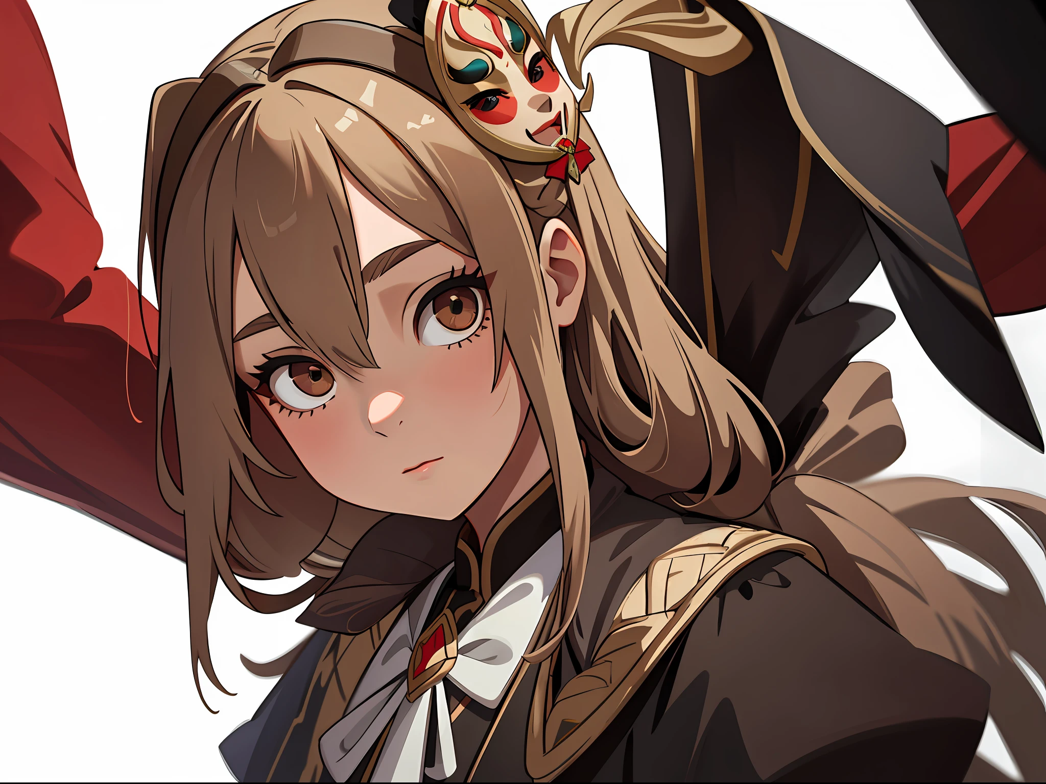1girl, solo, mature girl with dark blond hair in plaits and russet eyes, Russian clothing, wearing a feathered masquerade mask, up close portrait