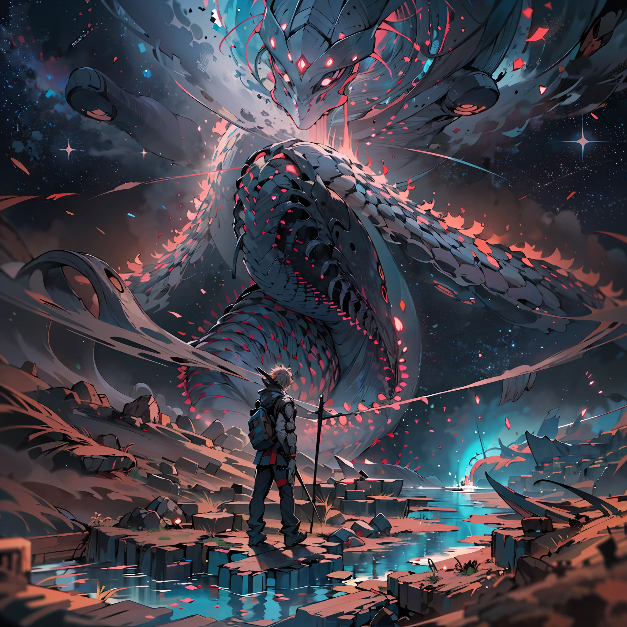 Monstruo humanoide gigante mirando hacia abjao en un paisaje de otro mundo,alien,alienigena,Gigante echo de fractales, Fractal infinito,fractal de Mandelbrot, divino, Figura imponente humanoide, masivo,escala masiba, mirando hacia abajo, de pie, inmenso, apocalyptic, colorido, iridiscente, obra maestra, 4k-resolution, detalles intrincados, dios,divino,ente superios echo de fractales,figuara imposible,geometria unica,