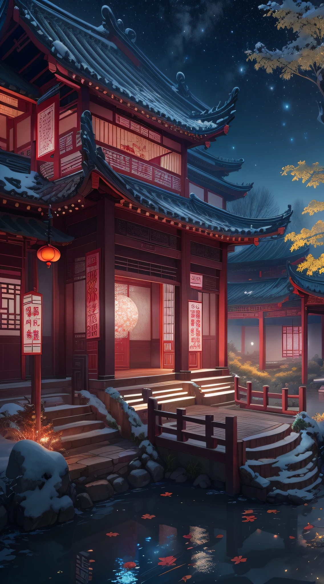 In a surreal CG rendering of ancient China,Jiangnan ancient buildings and ancient towns have Yaolin Wonderland。the night,The stars are bright,The smoke is fascinating,Maple and milk leaves are trees。snow landscape。k hd