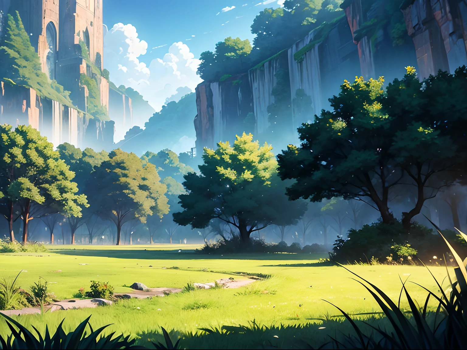 anime background art,low angle wide shot, wide angle landscape shot, wide angle landscape, wide angle photo,grass