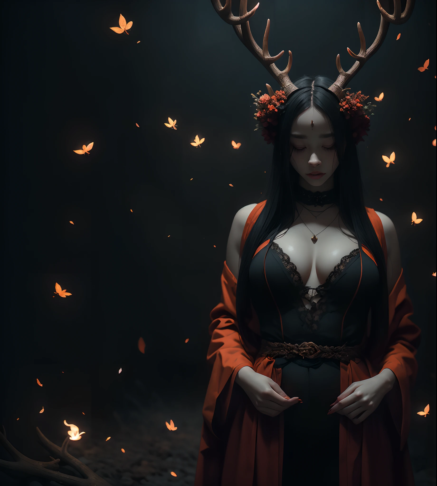 Stunning reflections, Better reflections. (очень Dетализированные обои CG unity 8k), (beste-Qualit), (best illustrations), (best shadows), (Gray gloomy background, Dark Forest. Gloomy and hopeless, Dark dramatic lighting, vignette), Realistic eyes, beatiful face, 1A girl with a perfect body, Druid, ((with large deer antlers on the head)), long straight hair, generous cleavage, She is dressed in a robe with a hood on her head, ((perfect anatomy)), A surge of dark magic, gotik, Burnt orange gradient, surrounded by tender leaves and branches, with fireflies and glowing particle effects, (Natural elements), (leaves), (twigs), (Fireflies), Butterflies, (Tender leaves), (Glow), (particle fx). , Fantasy art, bokeh, Octane rendering, ray traced, overdetalization. terror, terrific, Creepy, Scarimok a sense of sophistication and tranquility. The overall aesthetic should be sleek and stylish, which makes it suitable for branding and logo.