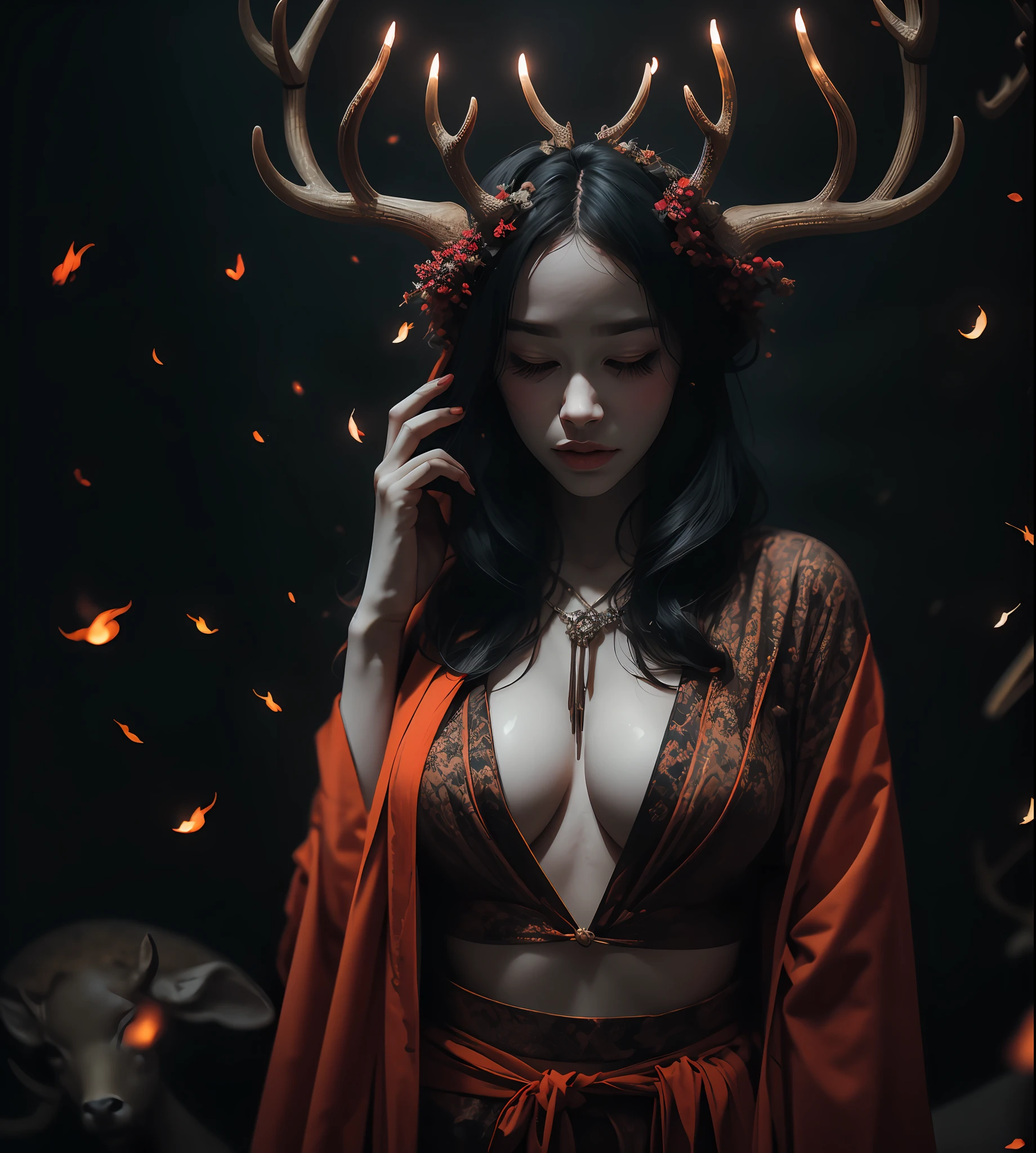 Stunning reflections, Better reflections. (очень Dетализированные обои CG unity 8k), (beste-Qualit), (best illustrations), (best shadows), (Gray gloomy background, Dark Forest. Gloomy and hopeless, Dark dramatic lighting, vignette), Realistic eyes, beatiful face, 1A girl with a perfect body, Druid, ((with large deer antlers on the head)), long straight hair, generous cleavage, She is dressed in a robe with a hood on her head, ((perfect anatomy)), A surge of dark magic, gotik, Burnt orange gradient, surrounded by tender leaves and branches, with fireflies and glowing particle effects, (Natural elements), (leaves), (twigs), (Fireflies), Butterflies, (Tender leaves), (Glow), (particle fx). , Fantasy art, bokeh, Octane rendering, ray traced, overdetalization. terror, terrific, Creepy, Scarimok a sense of sophistication and tranquility. The overall aesthetic should be sleek and stylish, which makes it suitable for branding and logo.