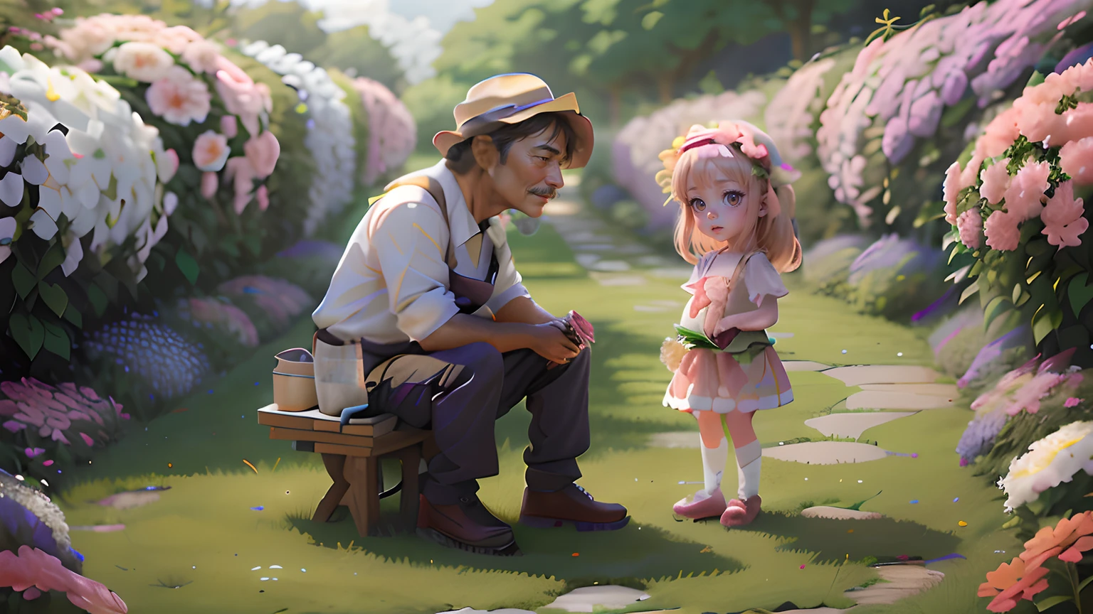 Anime picture of a middle-aged gardener talking to a cute little girl in a village garden, large garden with very beautiful flowers of various kinds around them, numerous flowers, large garden crowded with flowers, no buildings just flowers, many many flowers, various flowers of varying colours and sizes