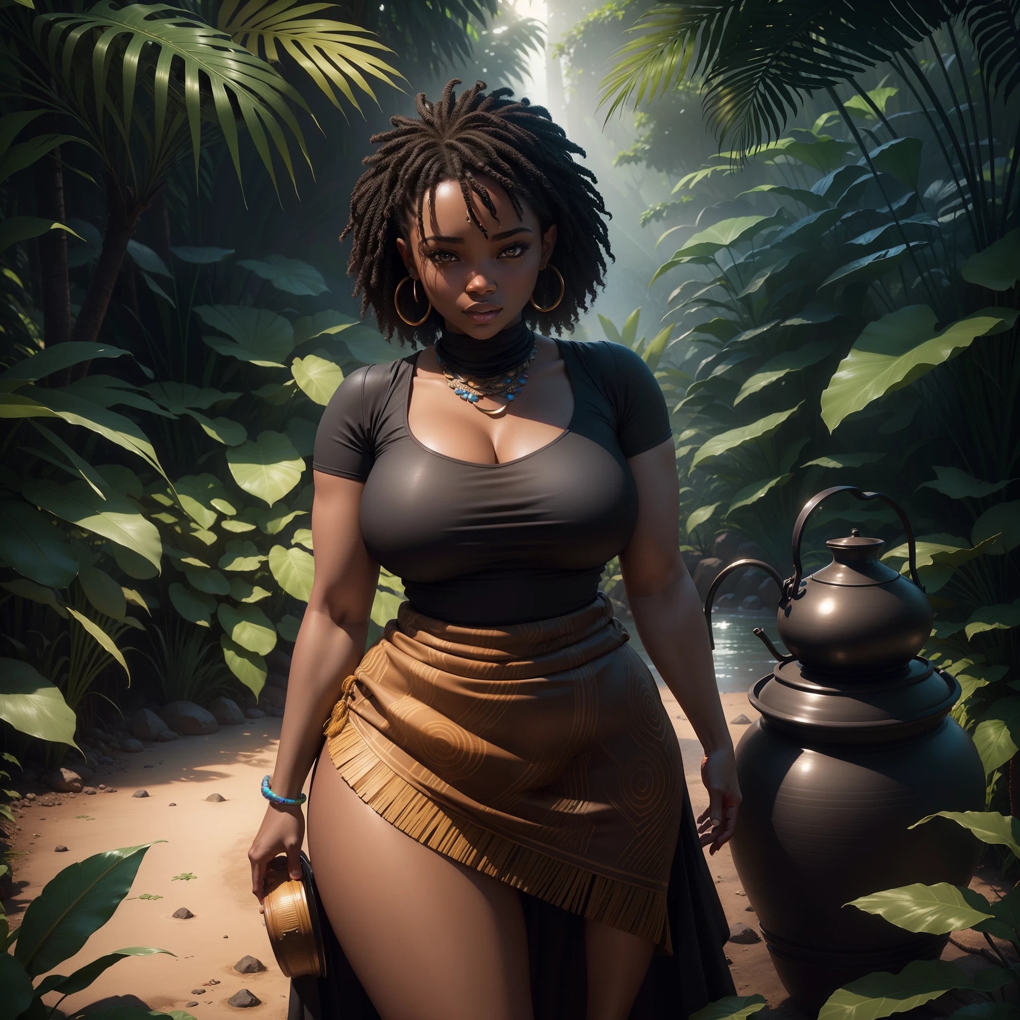 Beautiful black curvy girl dressed in african designed skirt carrying a pot full of water in the jungle, night time with iridescent light, highly detailed images, vibrant beautiful colours, photorealistic image, 8k, ultra HD, unreal engine rendered, cinematic lighting, artgerm style,