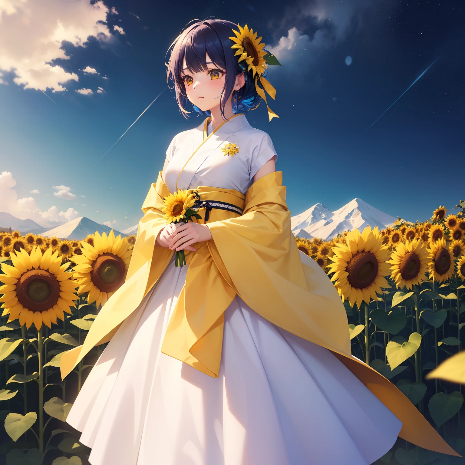 (Beautifully Aesthetic:1.2)、(1girl in:1.3)、(Colorful hair in white and yellow color:1.2)、Wearing colorful yellow and white kimonos、Sunflower、Stand in a snow-covered sunflower field、Under the cold sky、starrysky、Snow and sunflower flowers、Winters、Fantastical