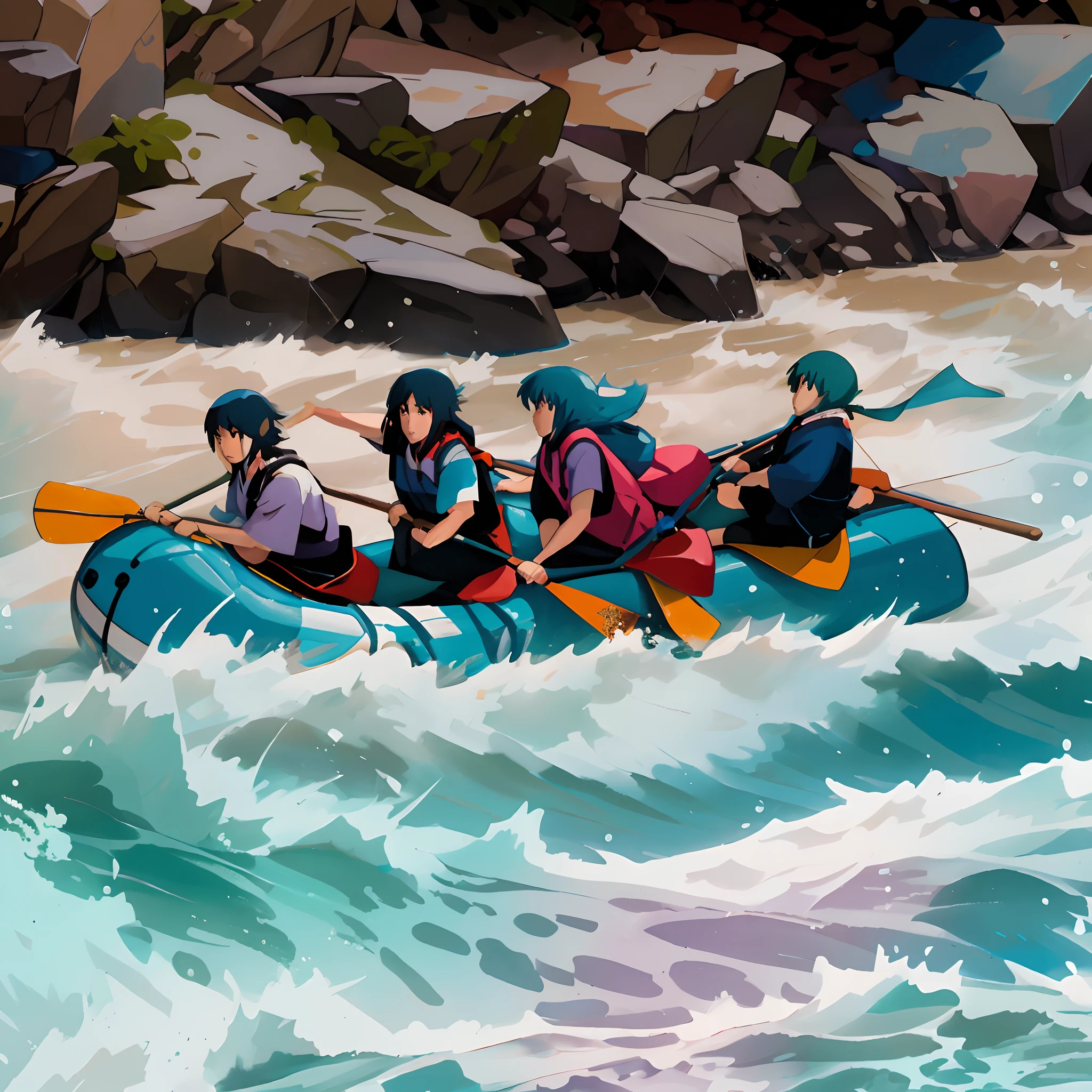Studio Ghibli's anime-style illustration, Hay cuatro personas montadas en una balsa en el agua, Whitewater rapids, stylized digital illustration, rostros bien detallados, expresion de aventura, personas con cascos puestos, cascos de seguridad, brazos proporcionados, cuerpo simetrico, in digital illustration style, River rapids, catarata, Pintura digital detallada, Pintura digital muy detallada,